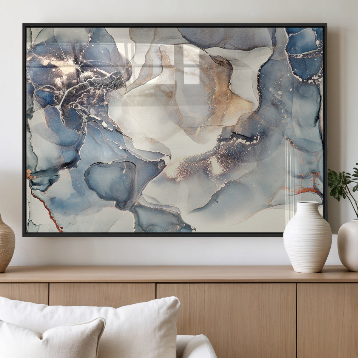 Abstract Blue and Gold Canvas Wall Art - Fluid Modern Ink