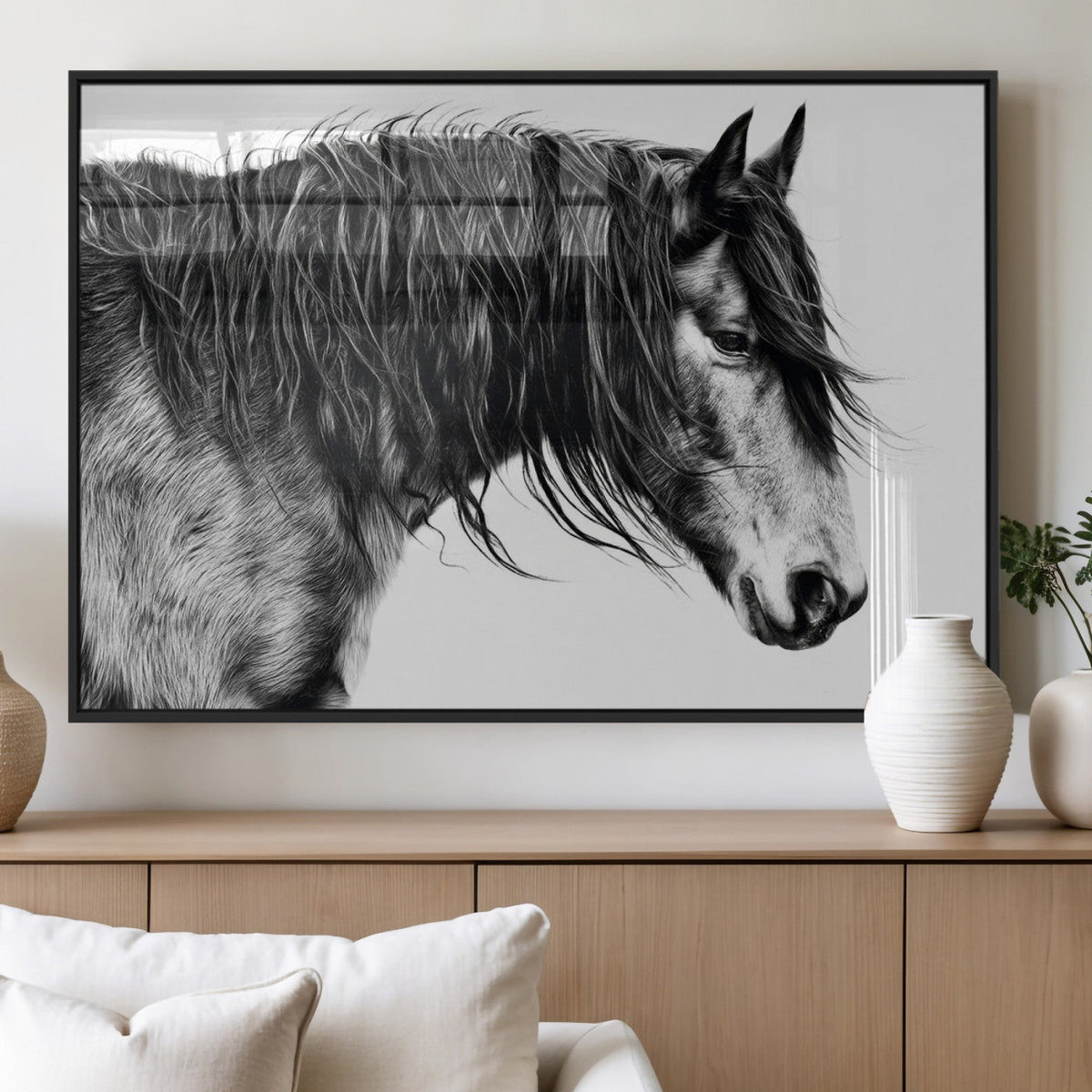 Majestic Horse Wall Art – Framed Black White Portrait Canvas