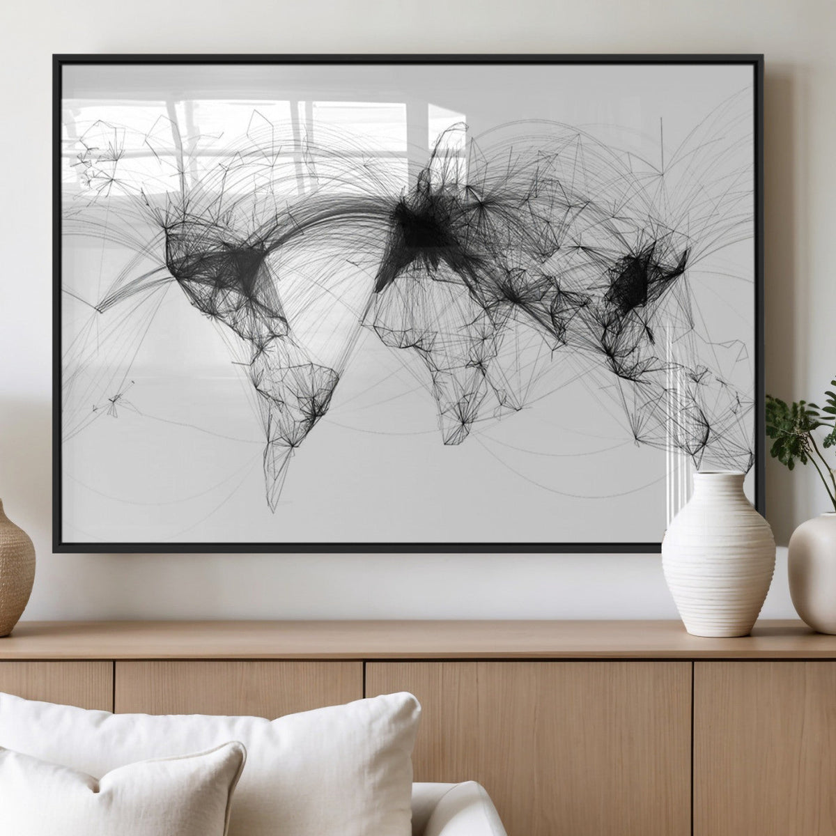 Abstract World Map Wall Art – Framed Geometric Line Canvas
