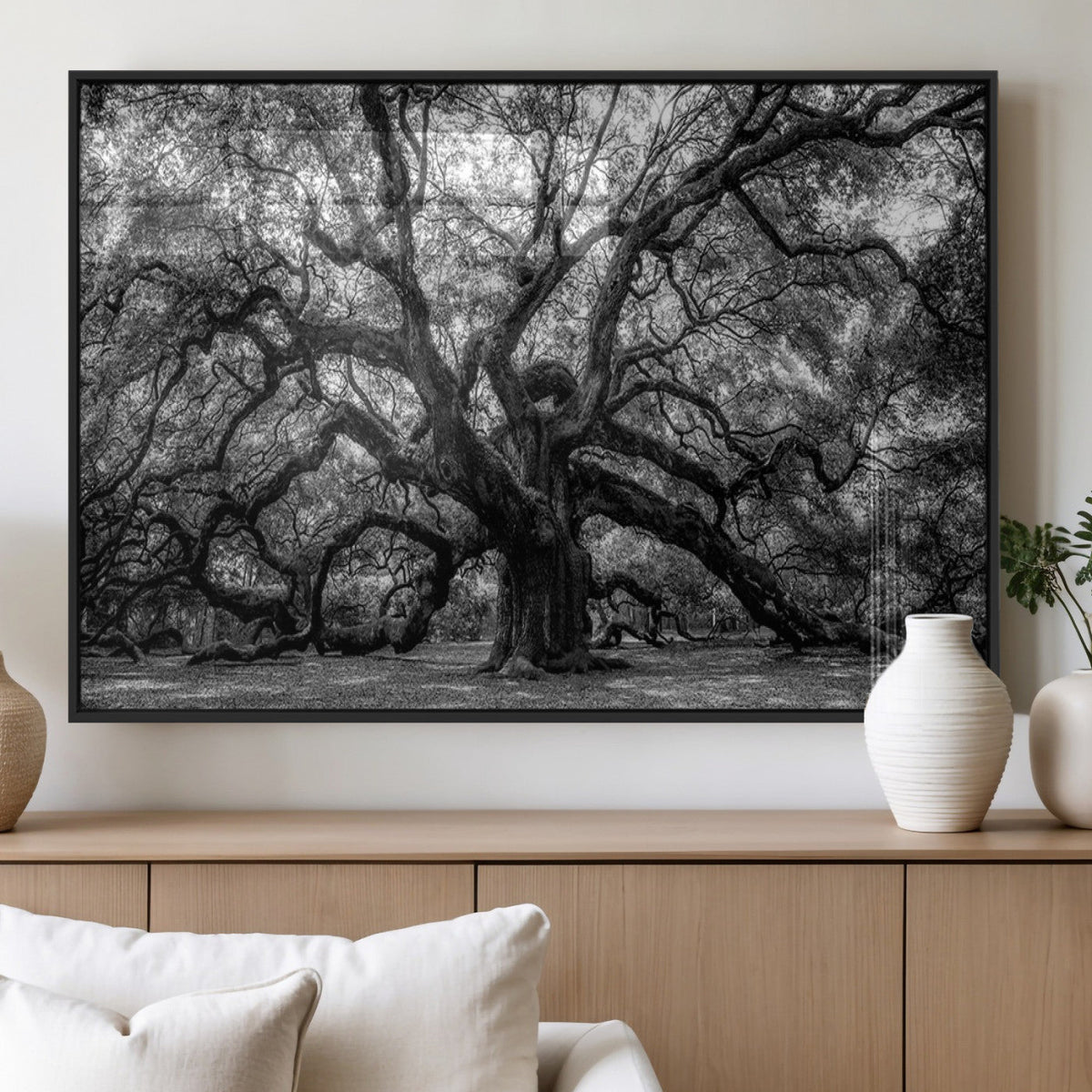 Black and White Old Angel Oak Tree Wall Art Canvas Print