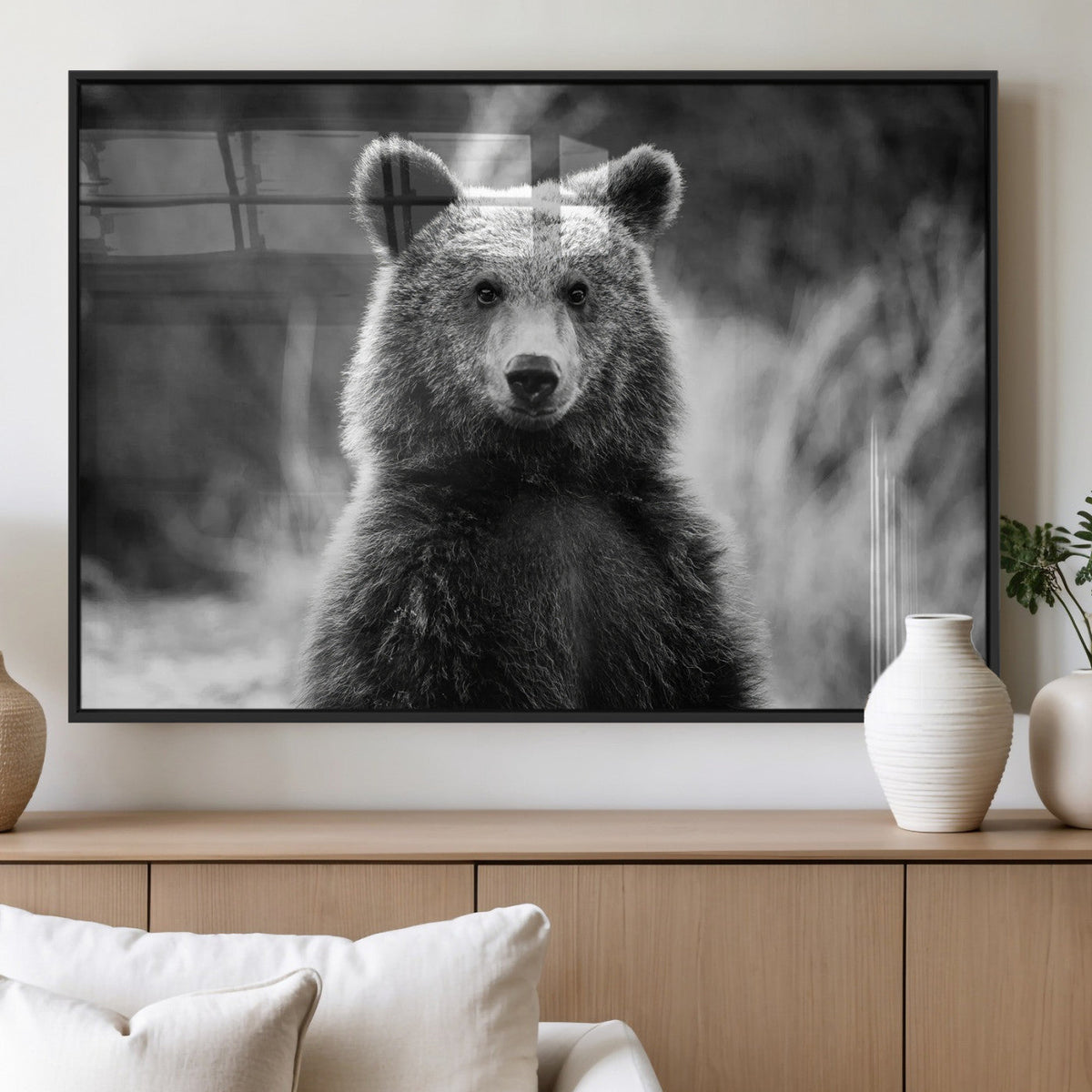 Grizzly Bear Wall Art Canvas Print – Framed Black White