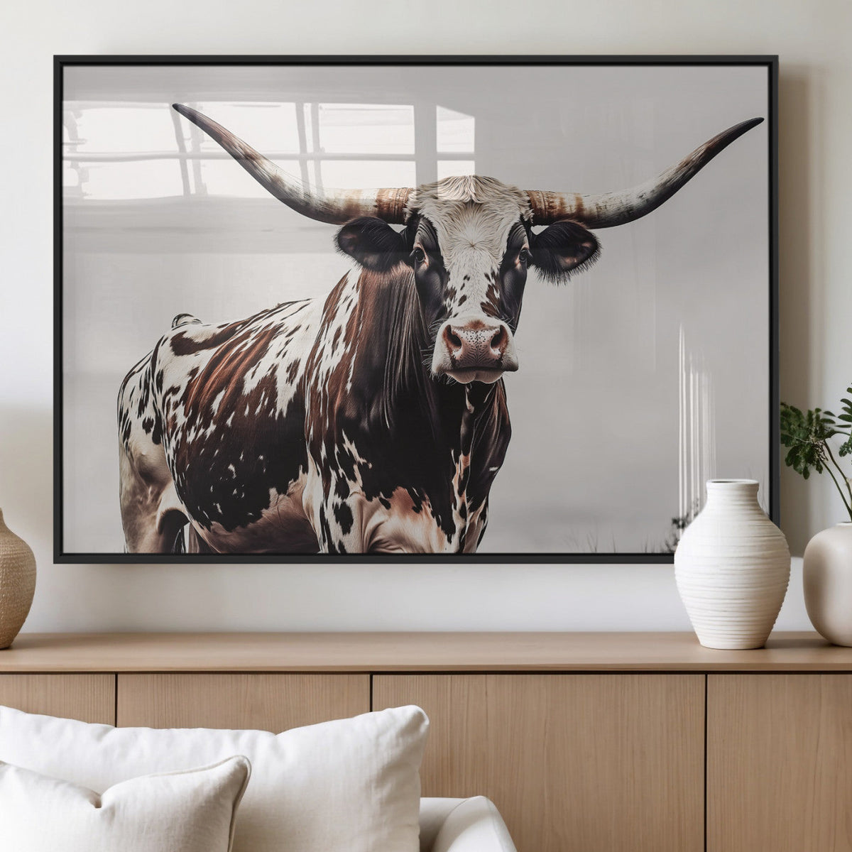 Texas Longhorn Wall Art Canvas Print – Framed Spotted Bull