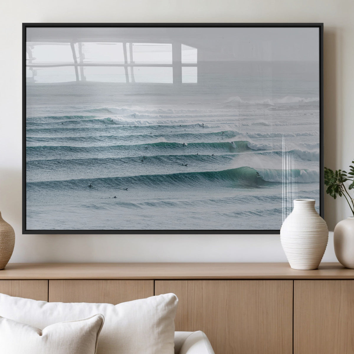Ocean Waves Wall Art Canvas Print – Framed Surfer Lineup