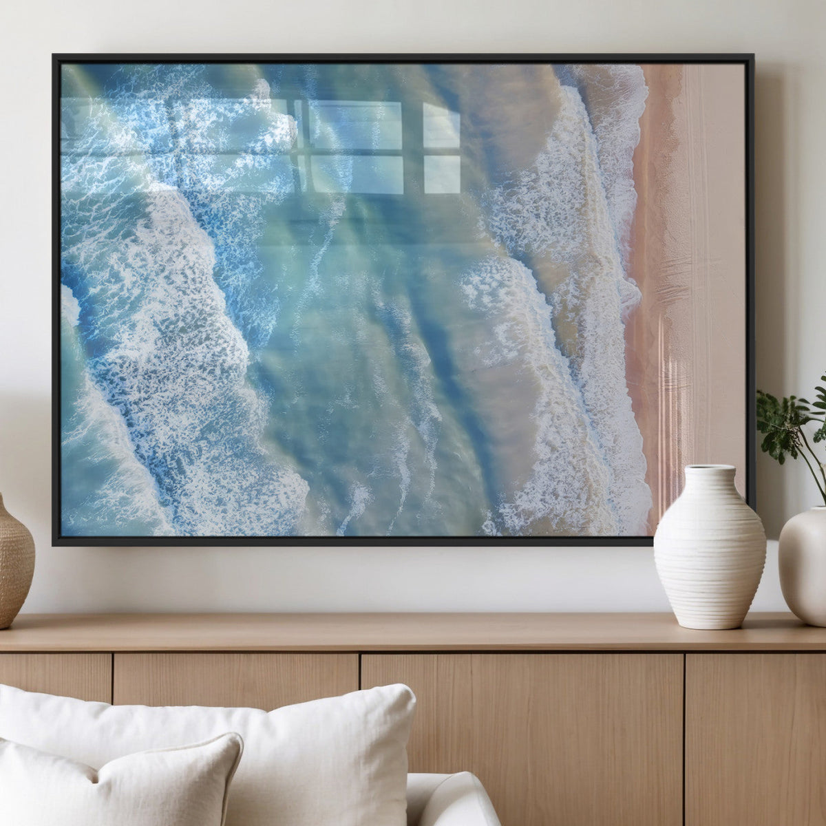 Aerial Ocean View Wall Art Canvas Print – Framed Soft Blue