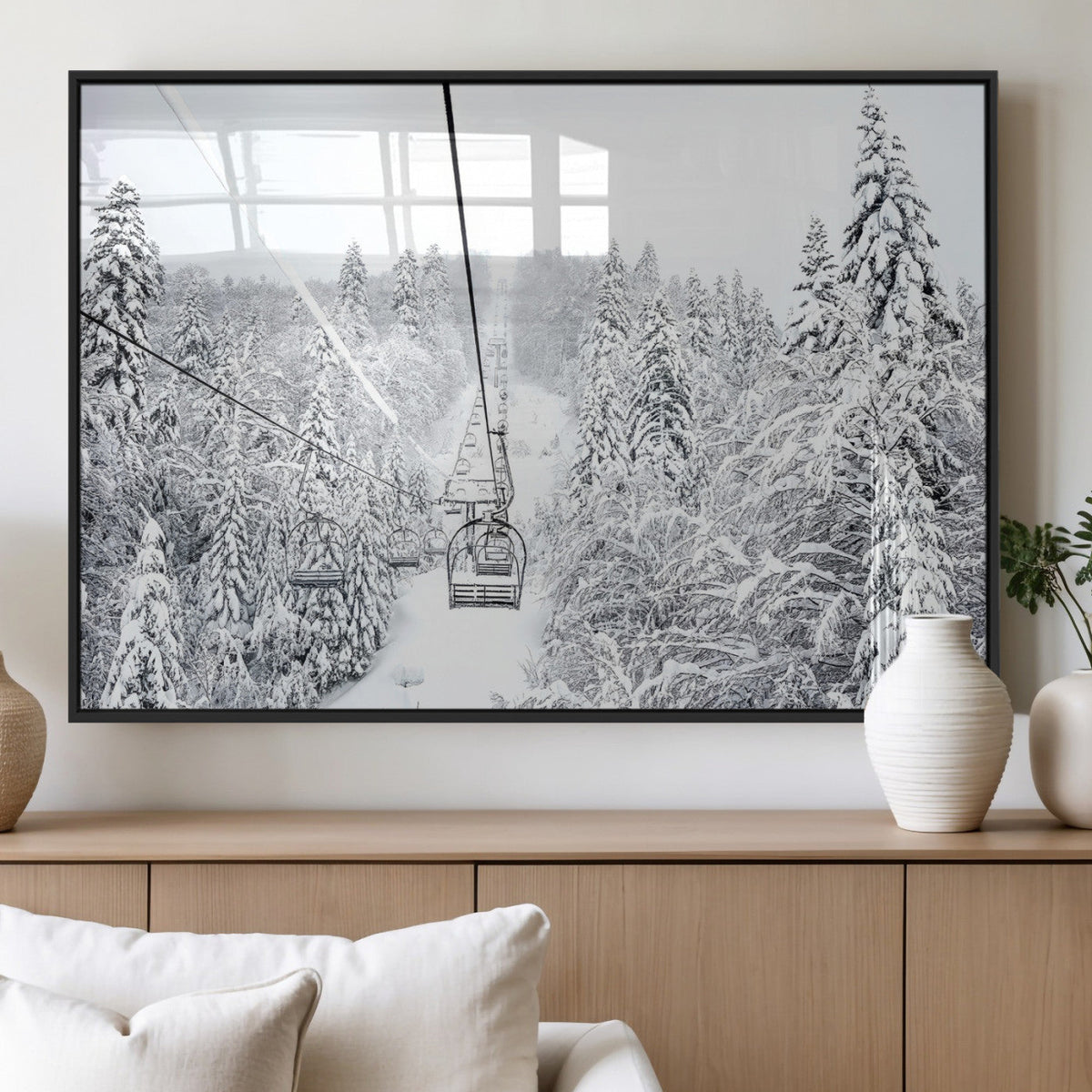Snowy Ski Lift Wall Art – Framed Winter Mountain Canvas