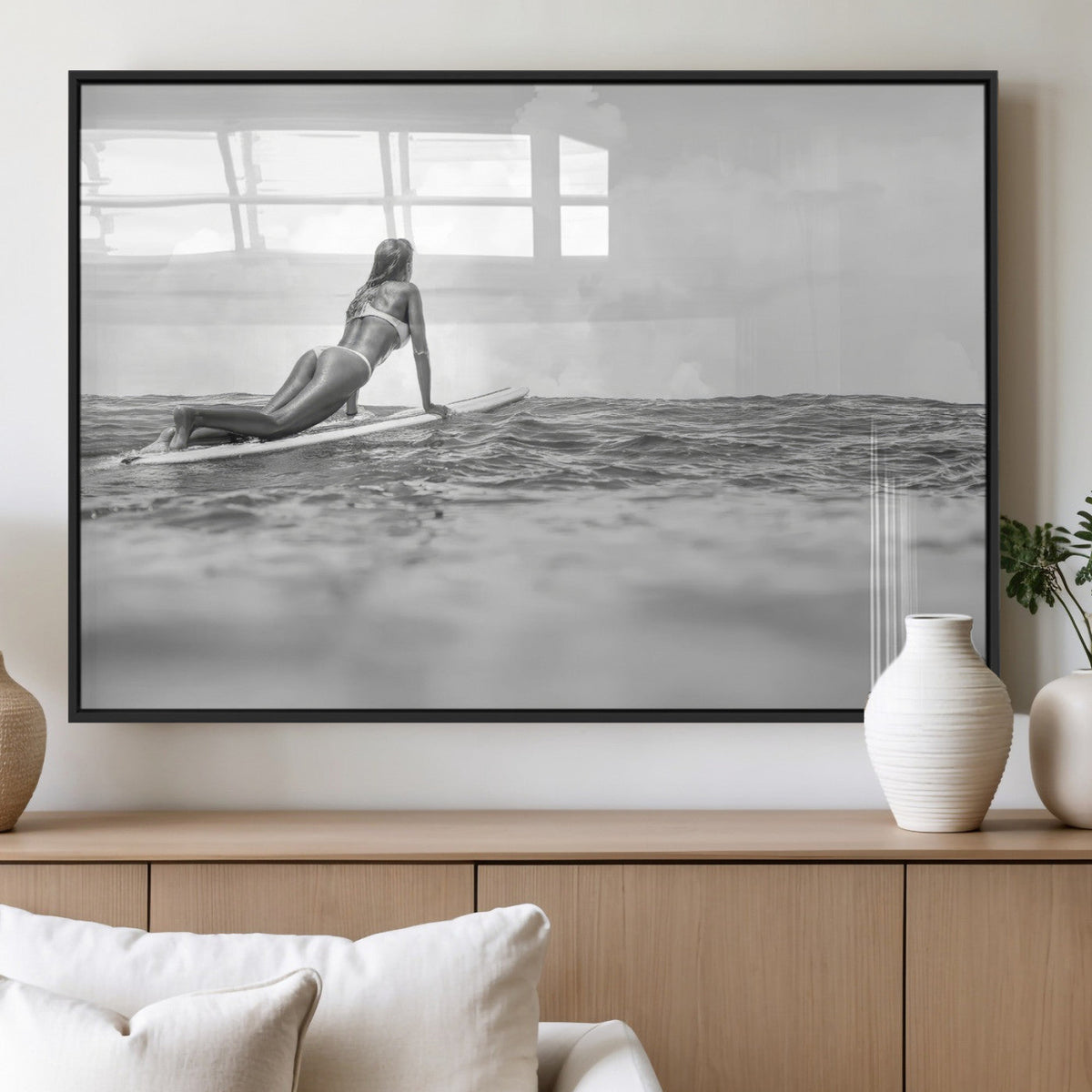 Black and White Surfing Wall Art Canvas Print – Framed Ocean