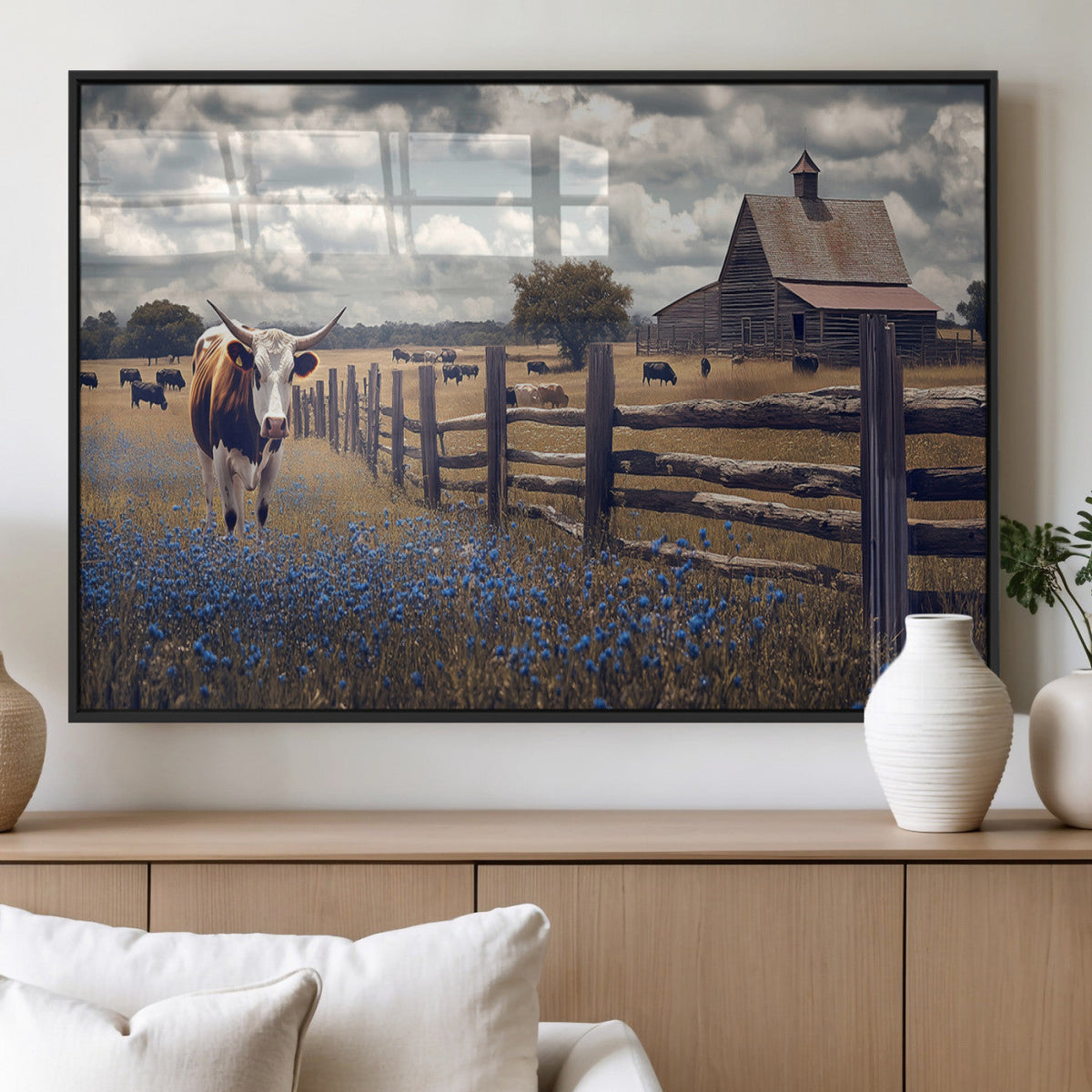 Texas Longhorn Canvas Wall Art Print – Framed Rustic Barn
