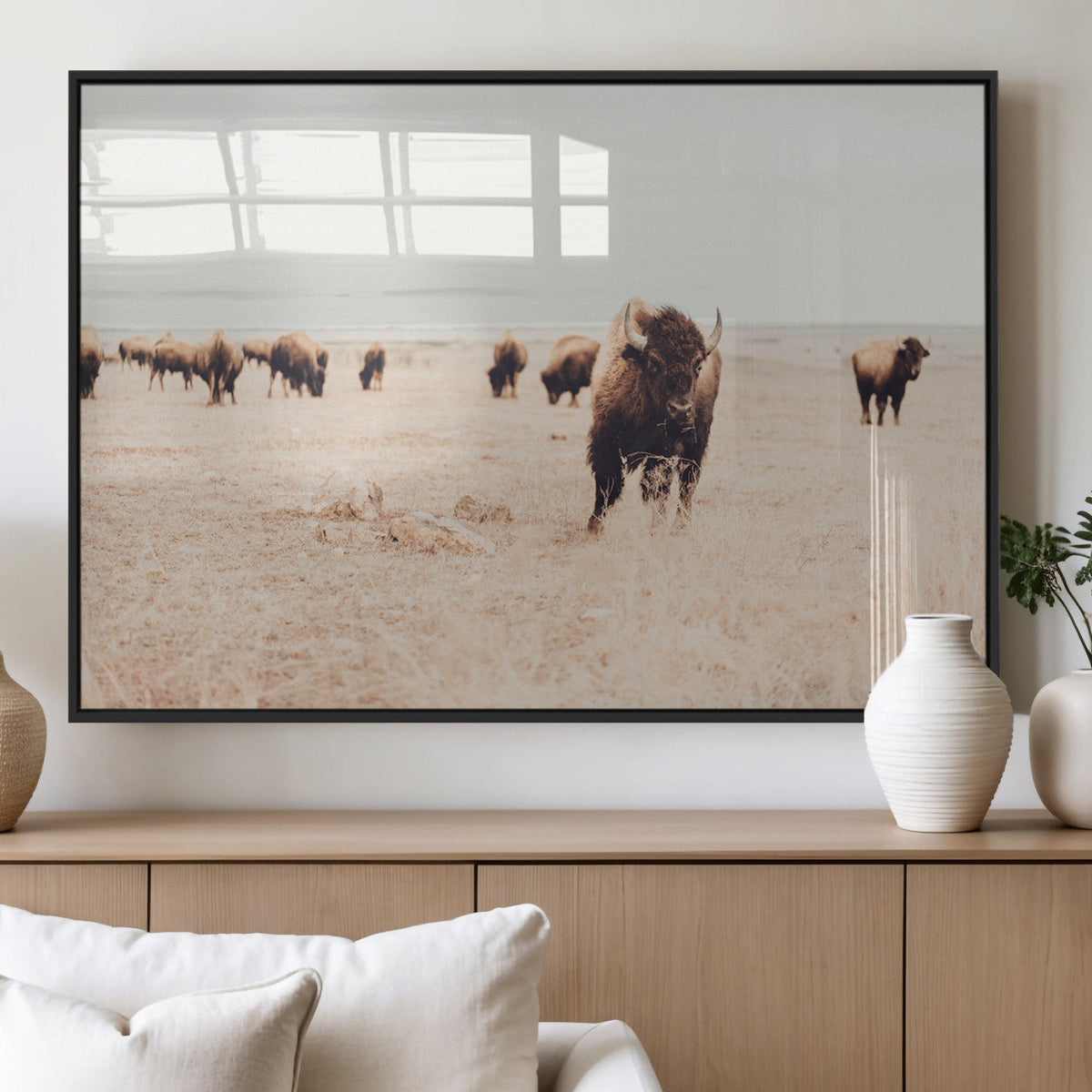 Bison Herd Wall Art Canvas Print, Framed Western Landscape