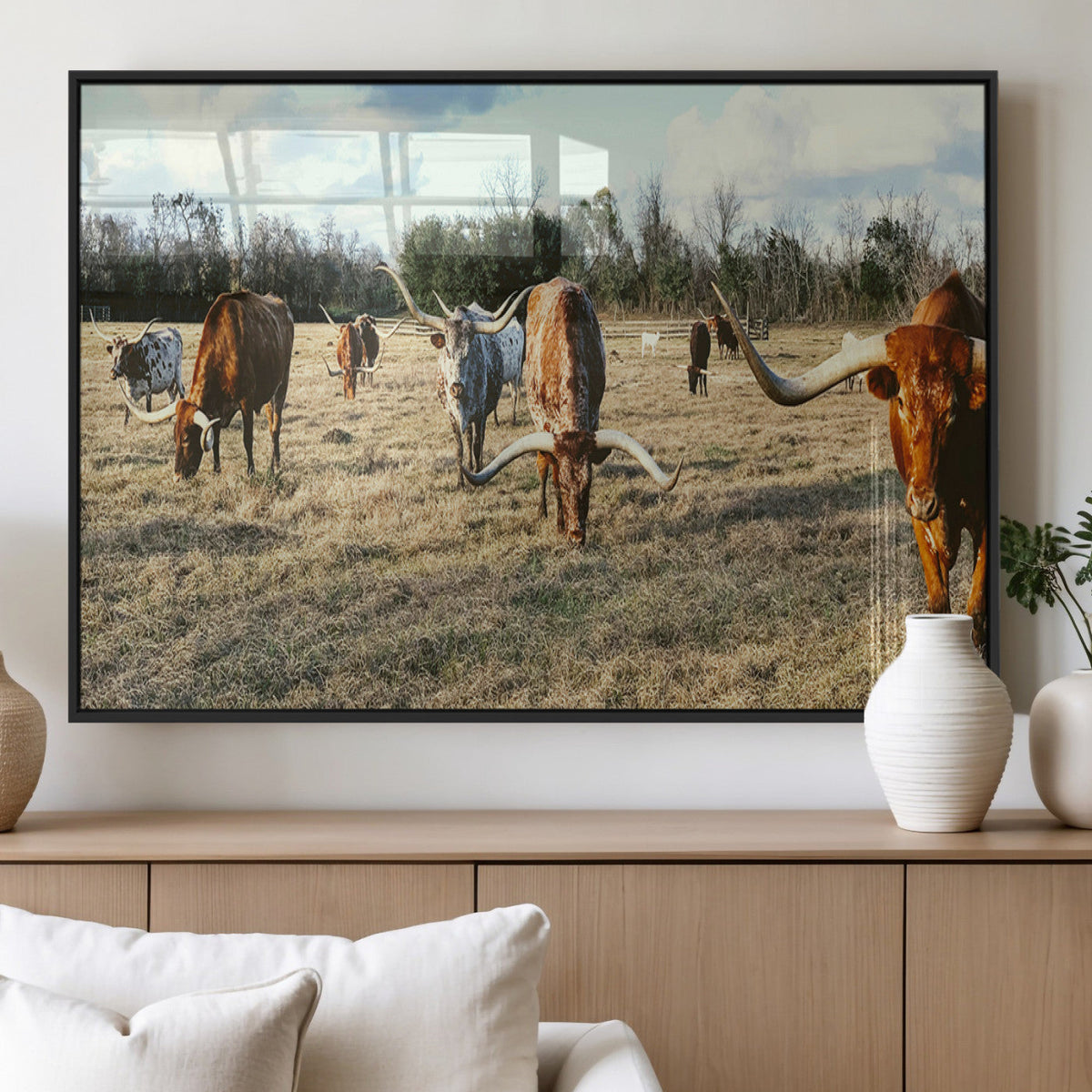 Texas Longhorns Wall Art Canvas Print – Framed Rustic Farm