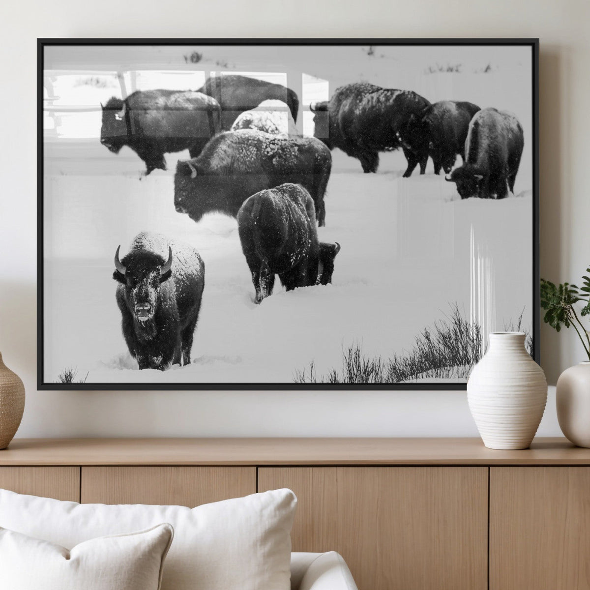 Buffalo Herd Wall Art Canvas Print – Framed Black and White
