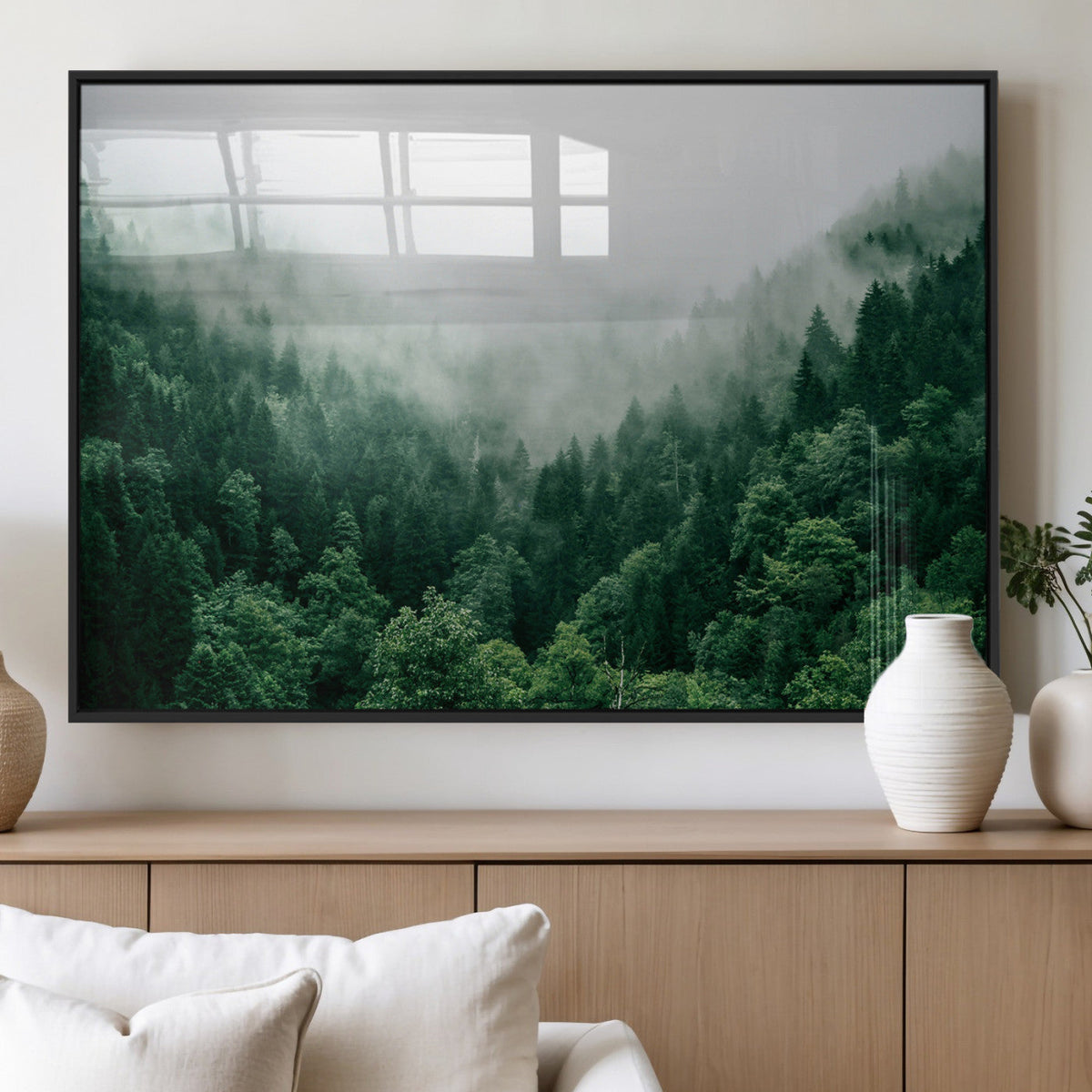 Misty Green Forest Canvas Print – Framed Serene Foggy Pine