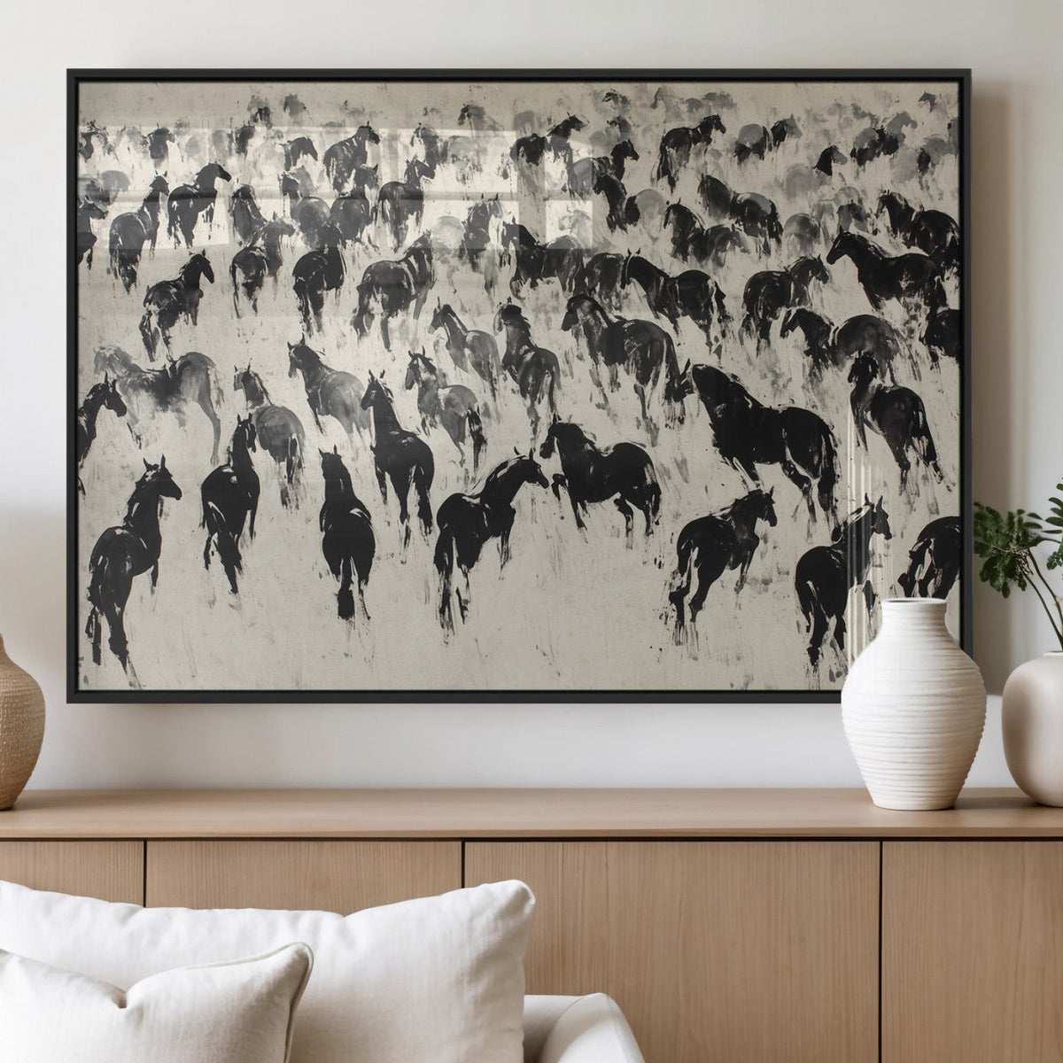 Wild Horse Stampede Wall Art Canvas Print – Monochrome