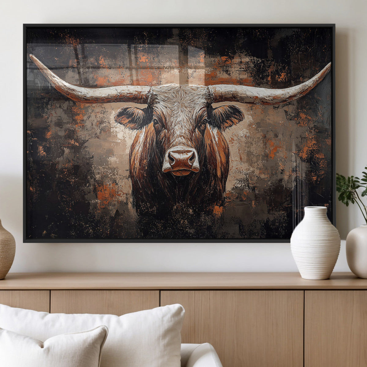 Abstract Longhorn Wall Art Canvas Print – Vintage Western