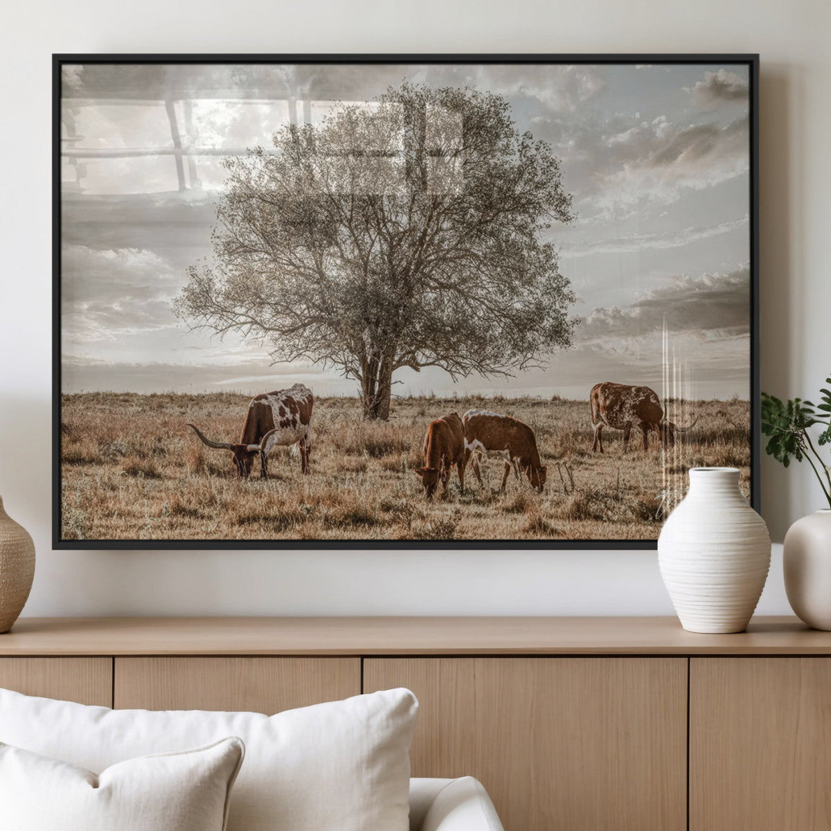 Texas Longhorn Cattle Wall Art, Rustic Western Ranch Canvas