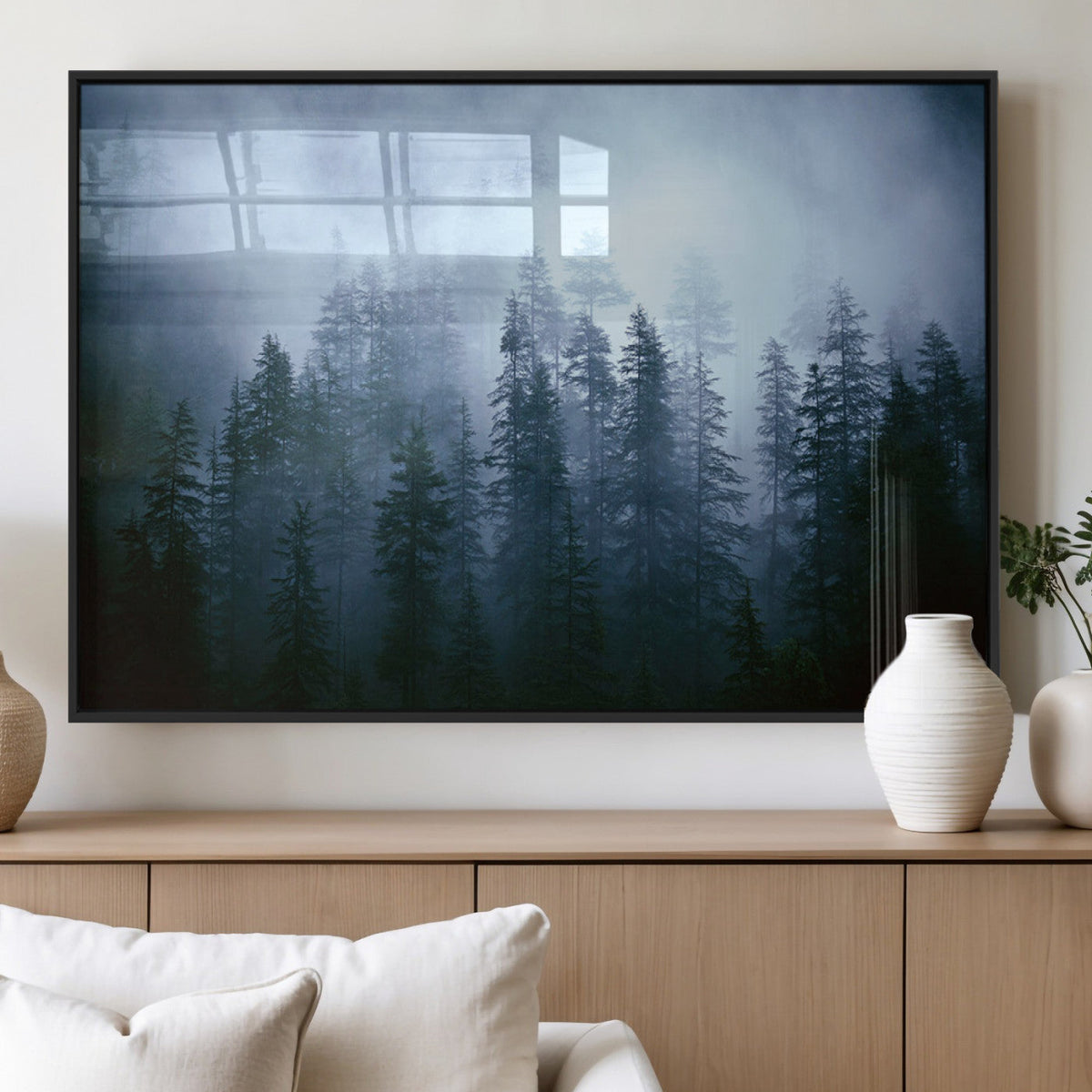 Foggy Evergreen Pines Wall Art – Mist Forest Blue Haze Moody