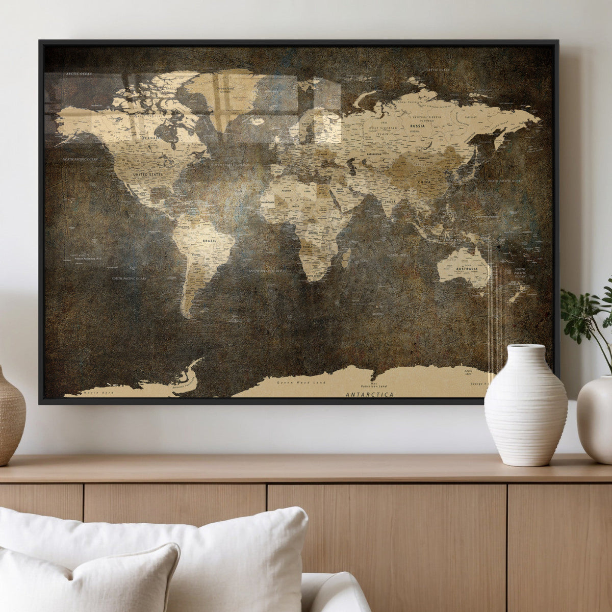 Large Framed Vintage World Map Wall Art Print for Home Wall