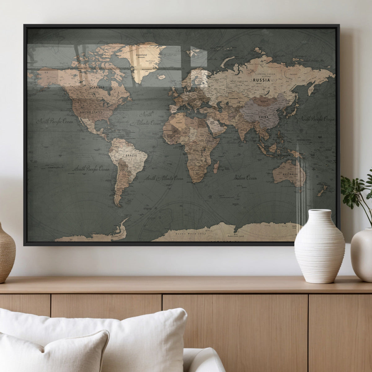 Rustic Black and Wood World Map Canvas Wall Art – Framed