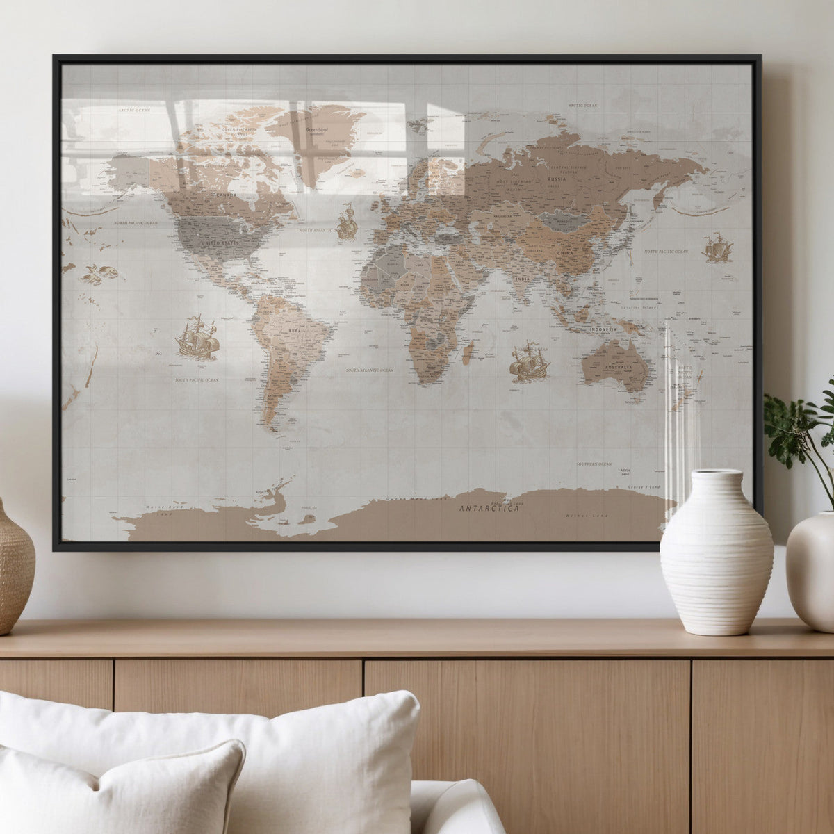 Framed Large World Map Canvas Print for Office Decor