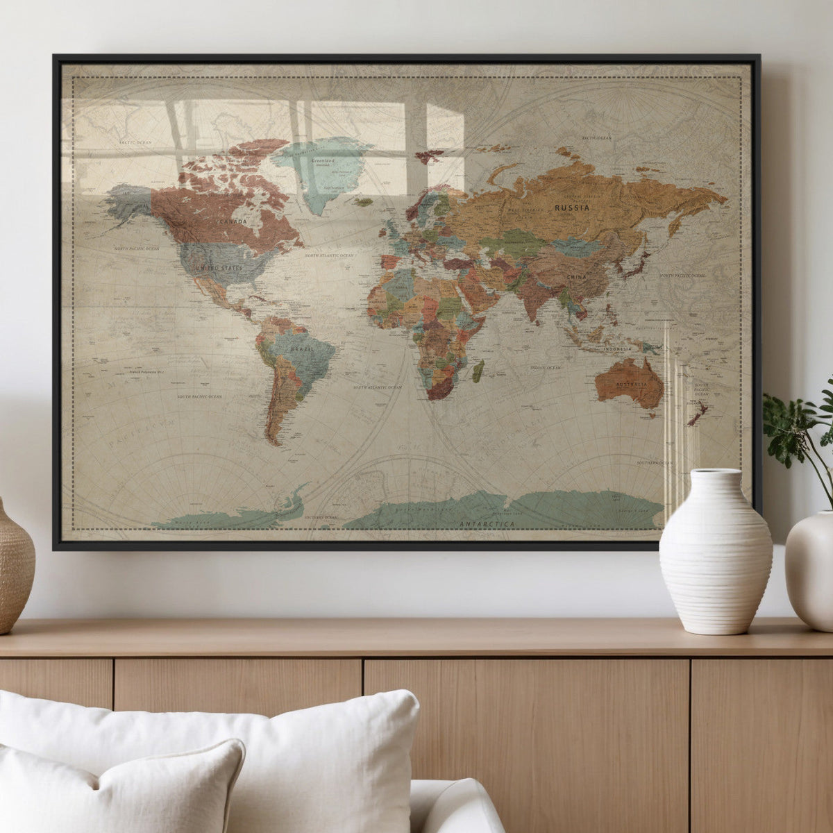Vintage World Map Canvas Wall Art Print – Framed Modern