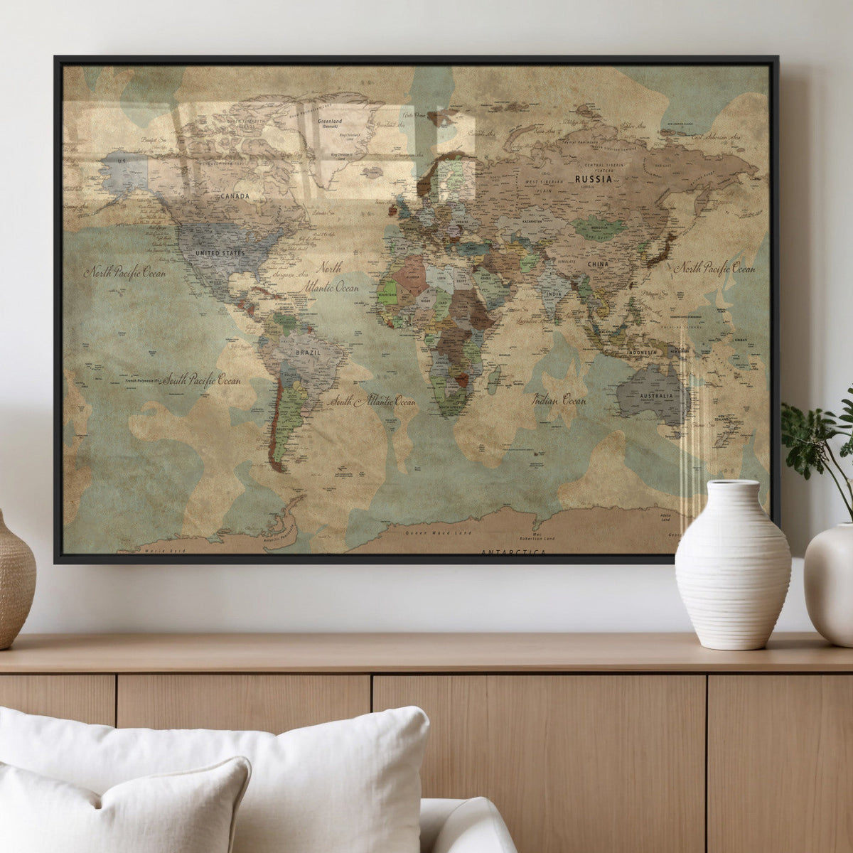 Vintage World Map Wall Art | Ready to Hang and Framed
