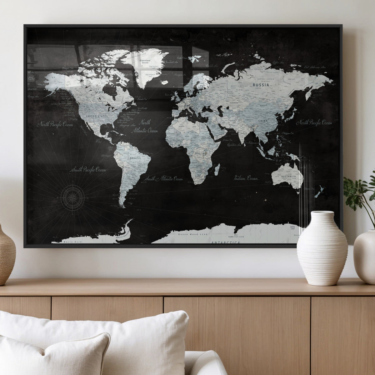 World Map Canvas Print – Framed Push Pin Wall Art, Color
