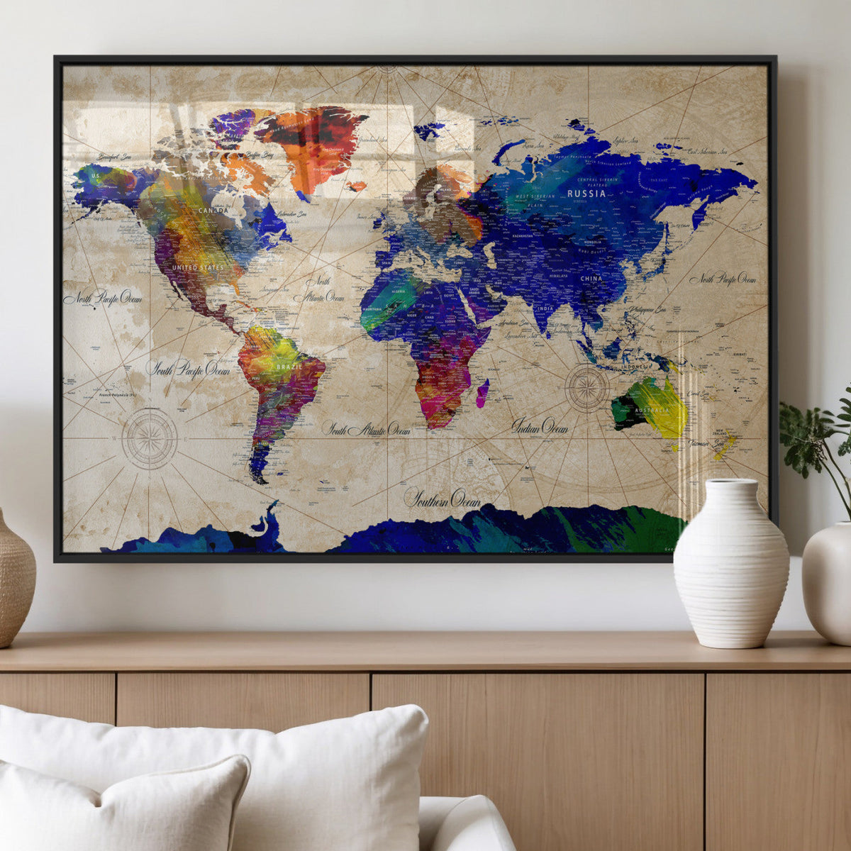 Watercolor World Map Canvas Print – Framed Wall Art for
