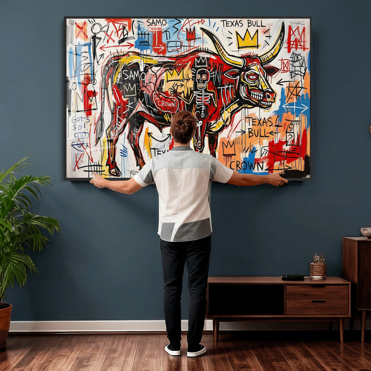 Texas Bull Wall Art Canvas Print, Abstract Graffiti Bull