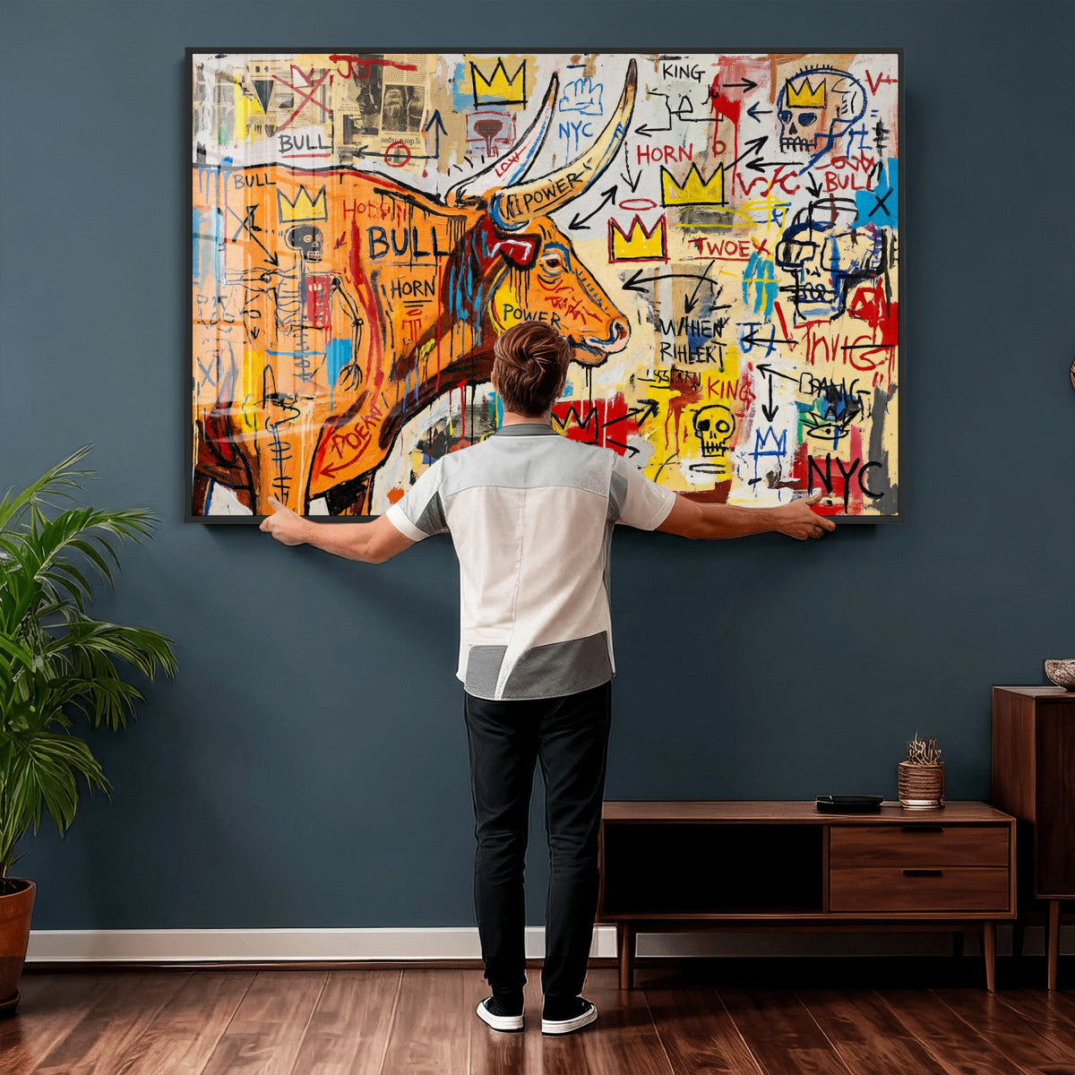 Basquiat Style Bull Graffiti Wall Art Canvas Print, Street