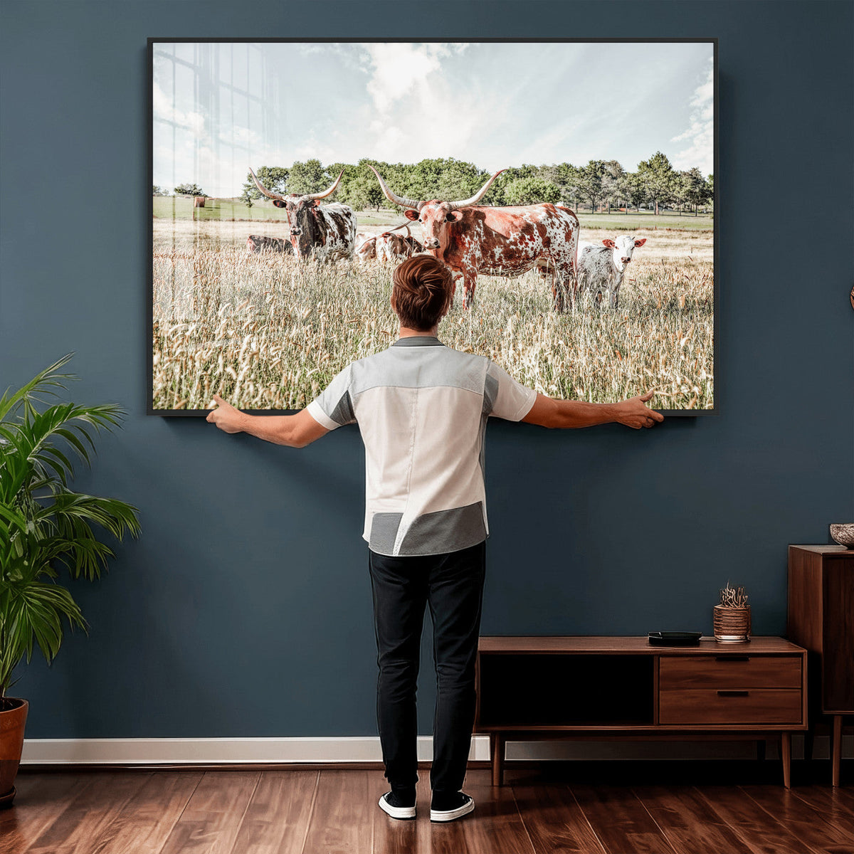 Texas Longhorn Cattle Wall Art Canvas Print, Rustic Ranch