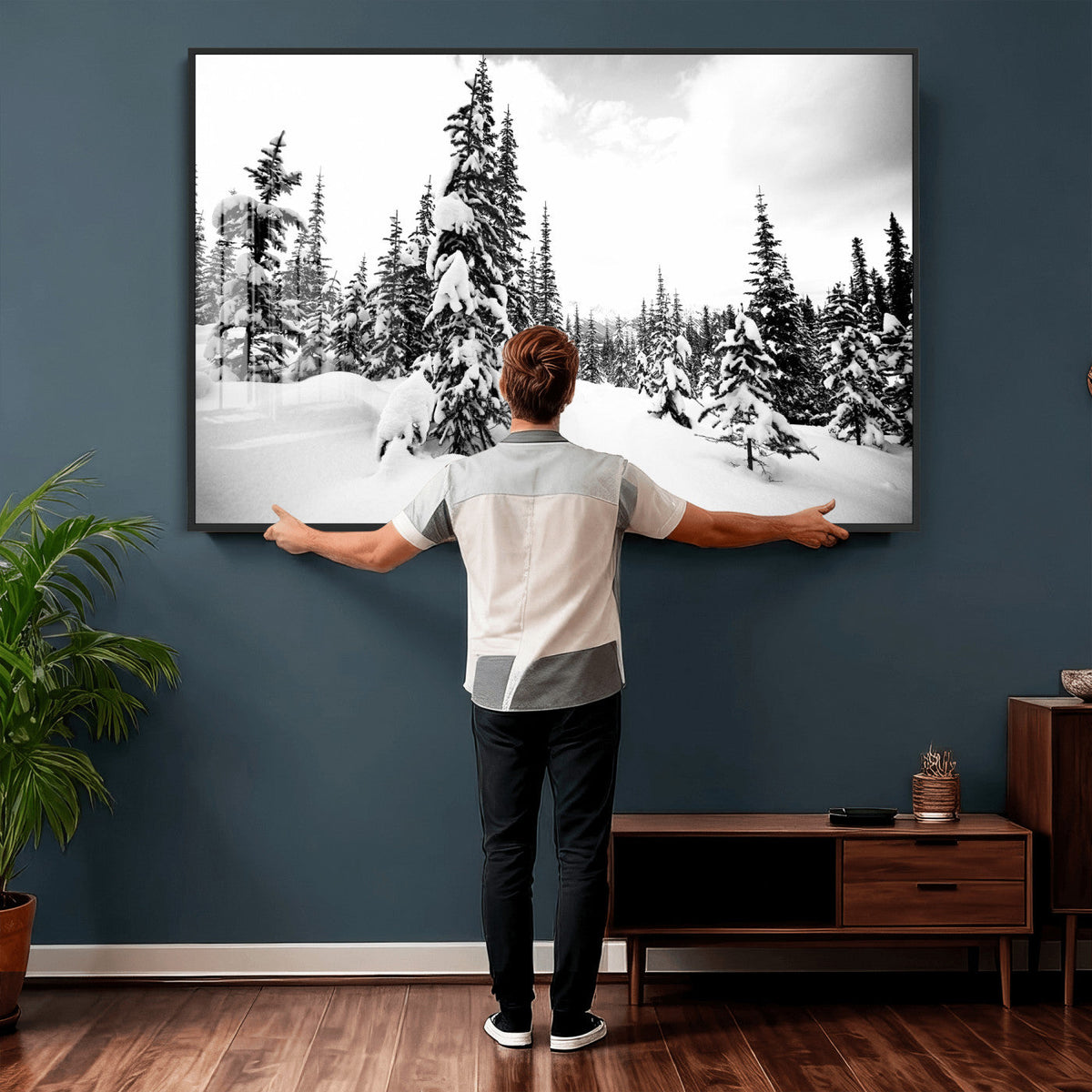 Black and White Snowy Pine Forest Wall Art Canvas Print,