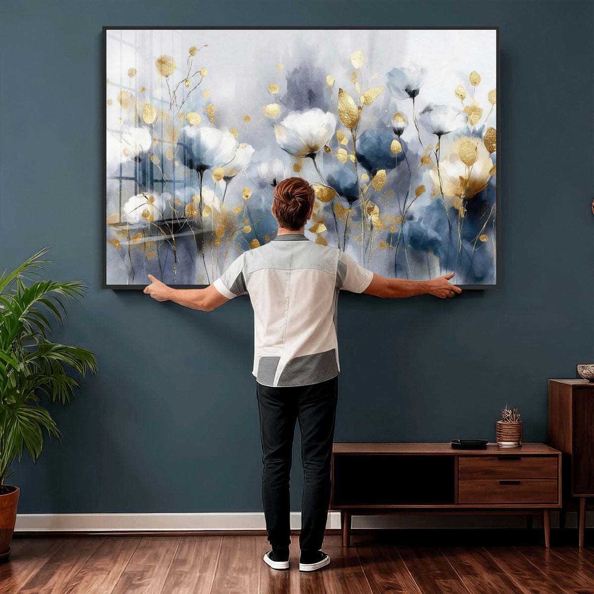 Large Abstract Flowers Wall Art Canvas Print – Gold and Blue