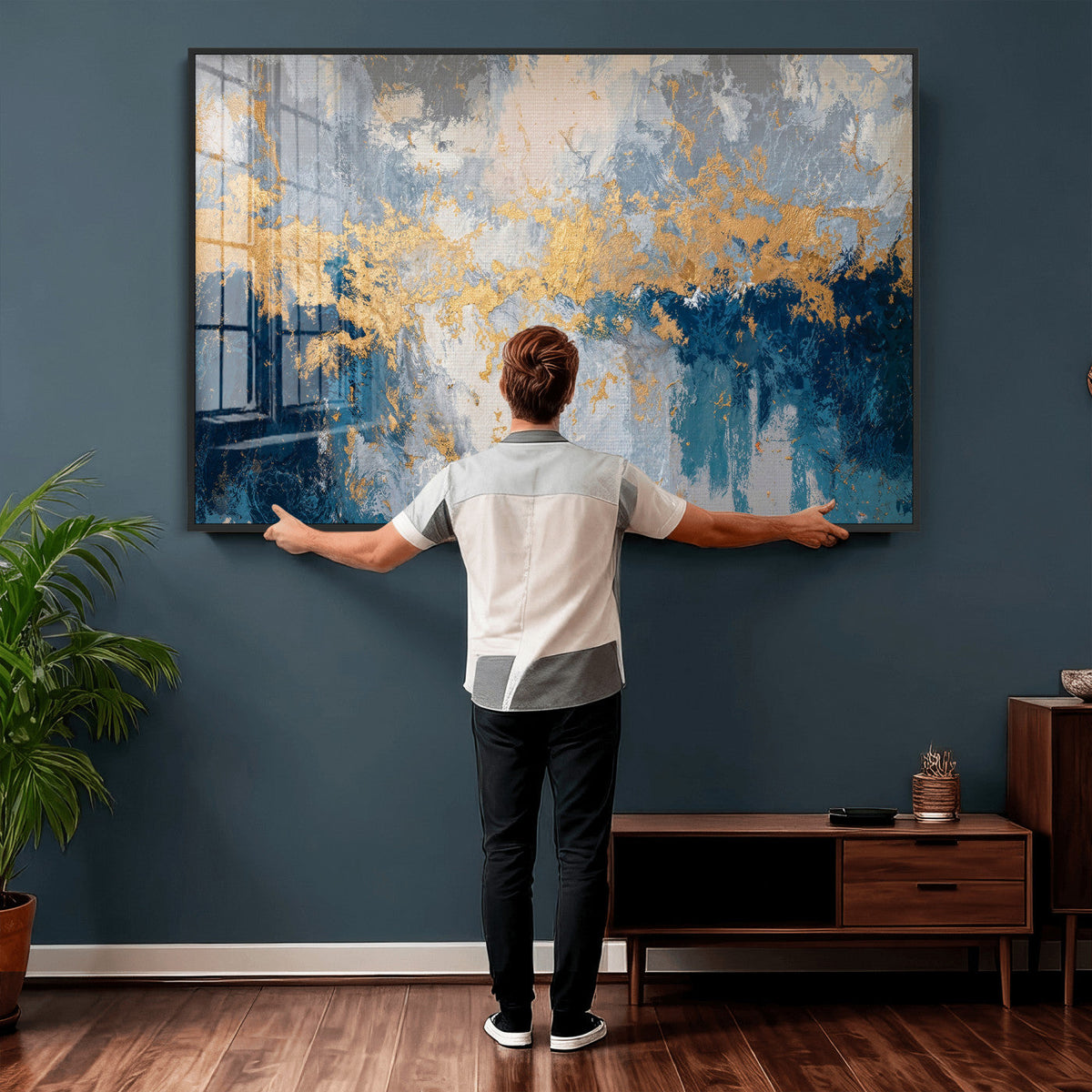 Blue Gold Abstract Large Framed Canvas Wall Art, Modern