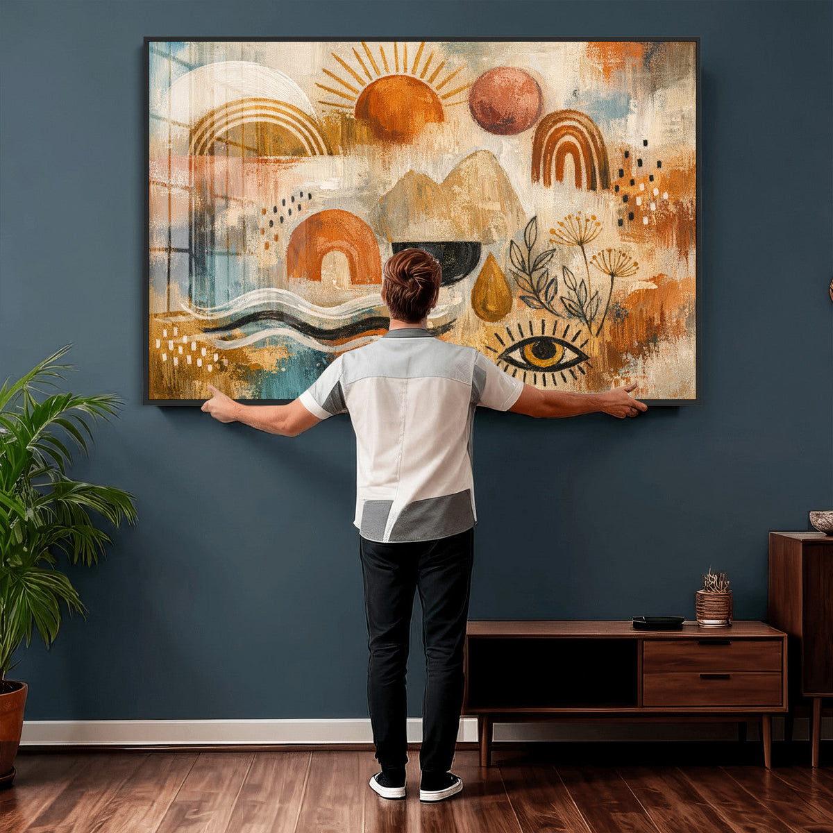 Geometric Boho Abstract Wall Art Canvas Print, Orange Blue