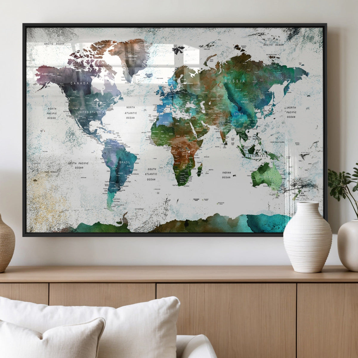 Modern Watercolor World Map Canvas Wall Art – Framed