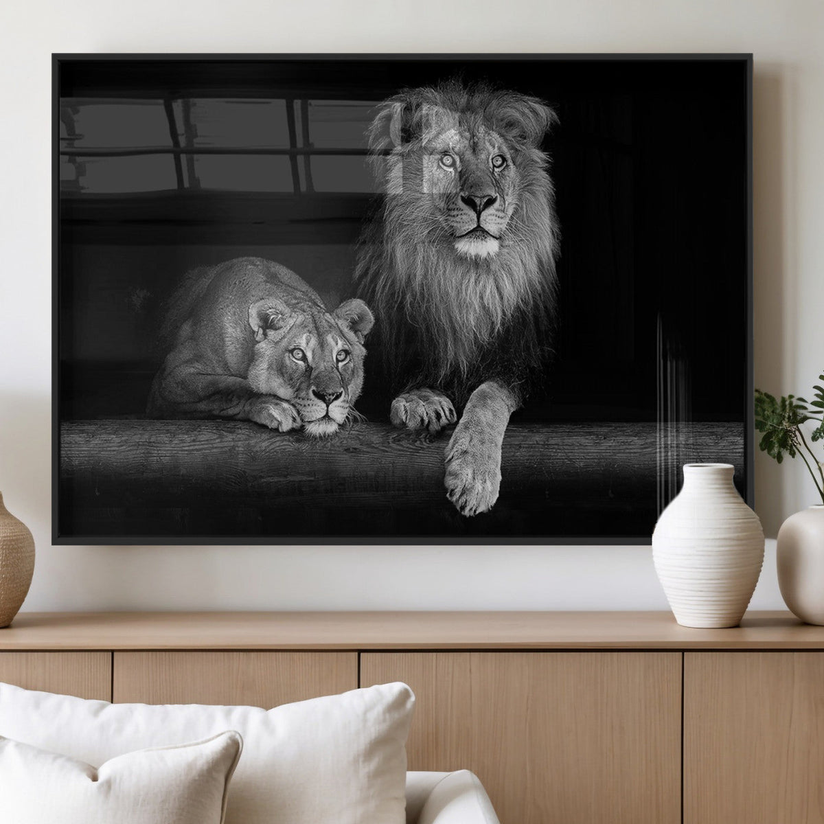 Large Black and White Lion Couple Wall Art Canvas Print –