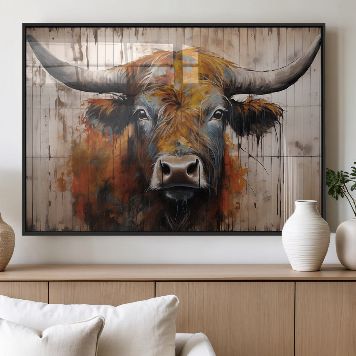 Abstract Bull Highland Cow Canvas Wall Art Print – Vibrant