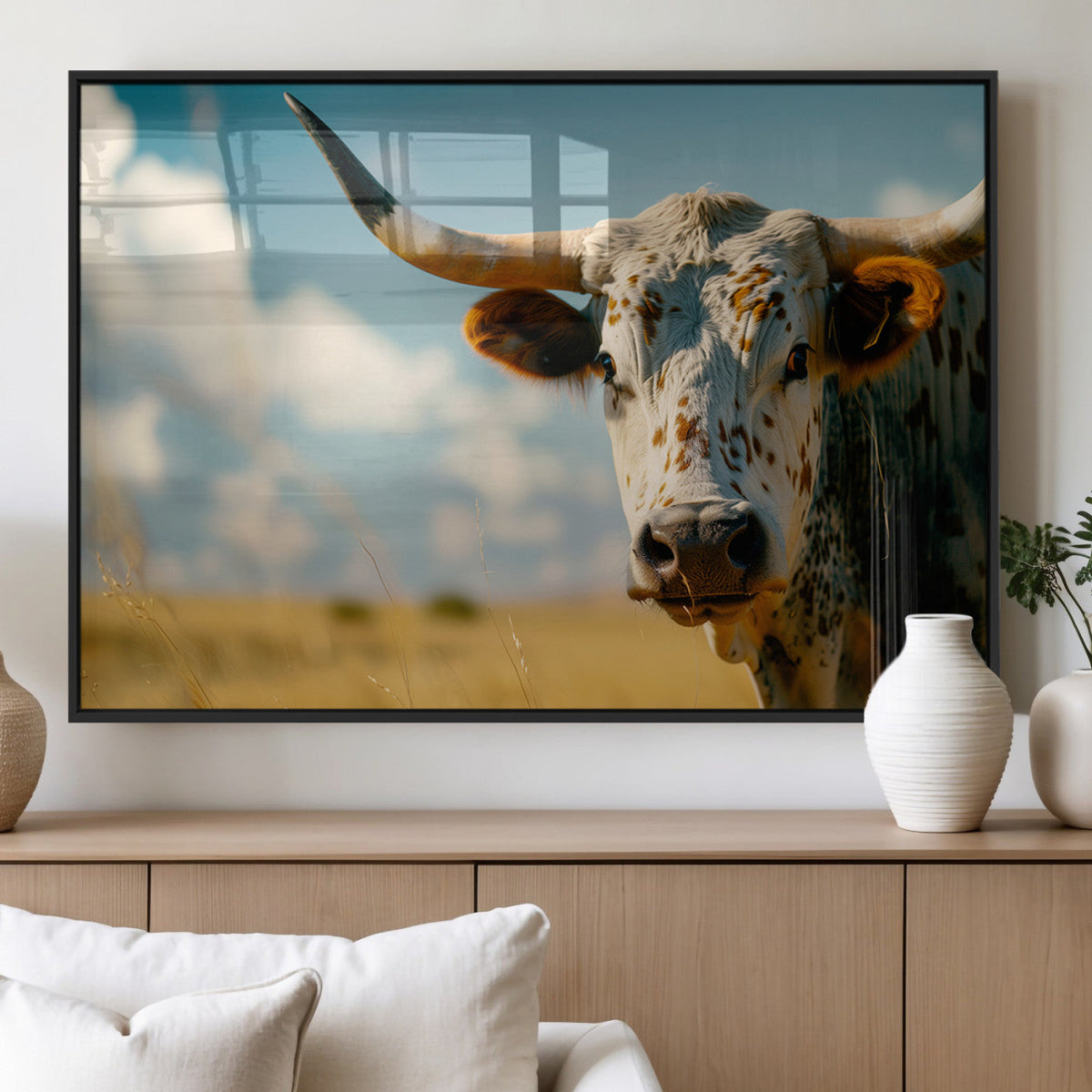 Longhorn in the Prairie - Stunning Ranch-Style Triptych Wall