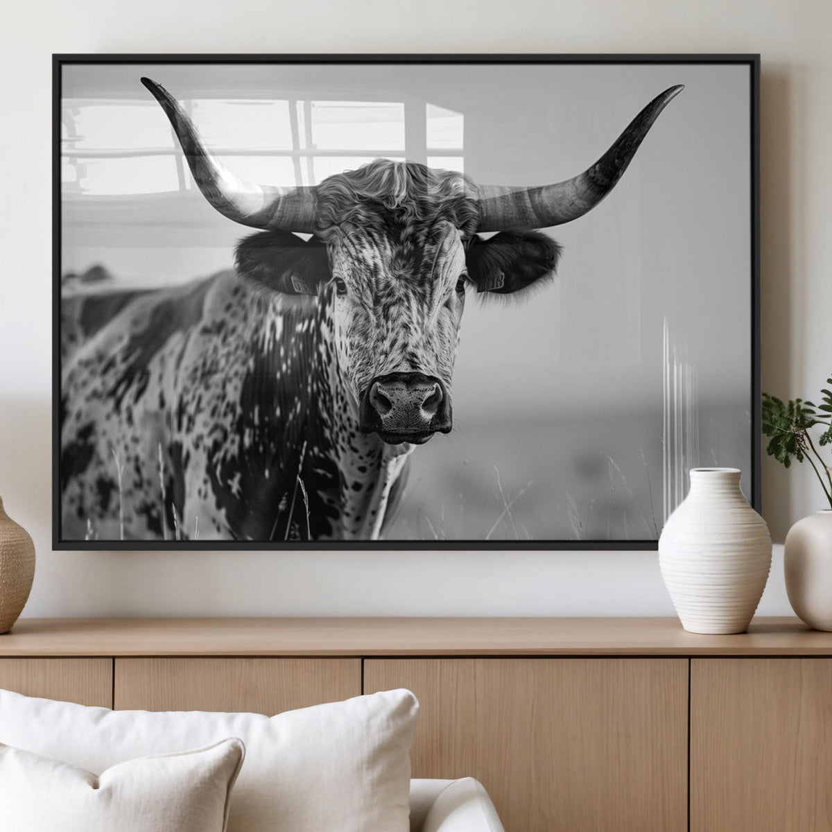 Texas Highland Cow Longhorn Canvas Print - Rustic Farmhouse
