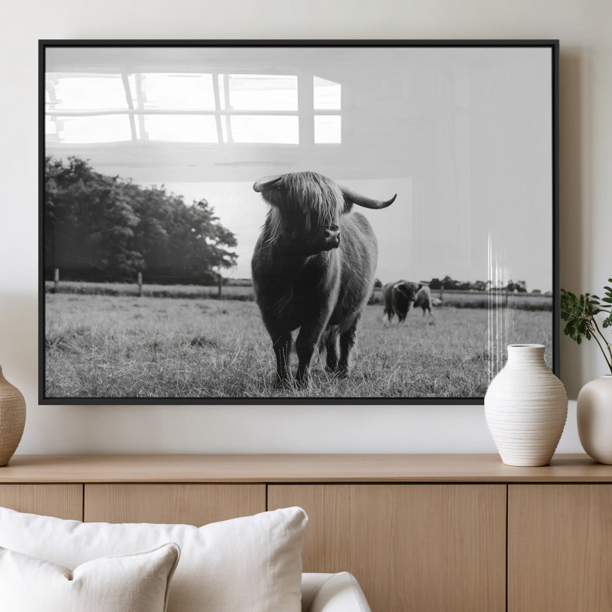 Black and White Highland Cow Wall Art Canvas Print | Rustic