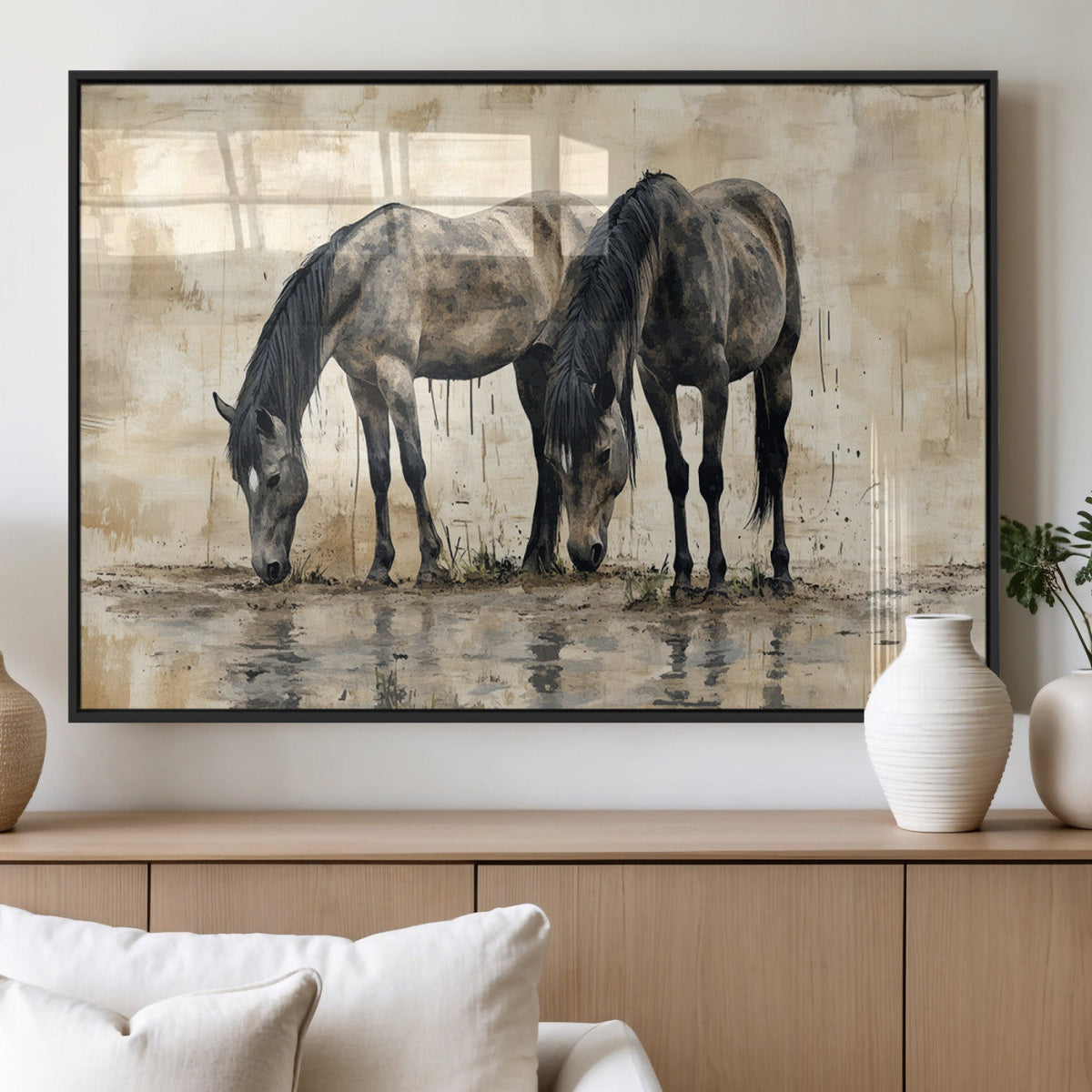 Chinese Style Abstract Black Horses Wall Art Canvas Print -