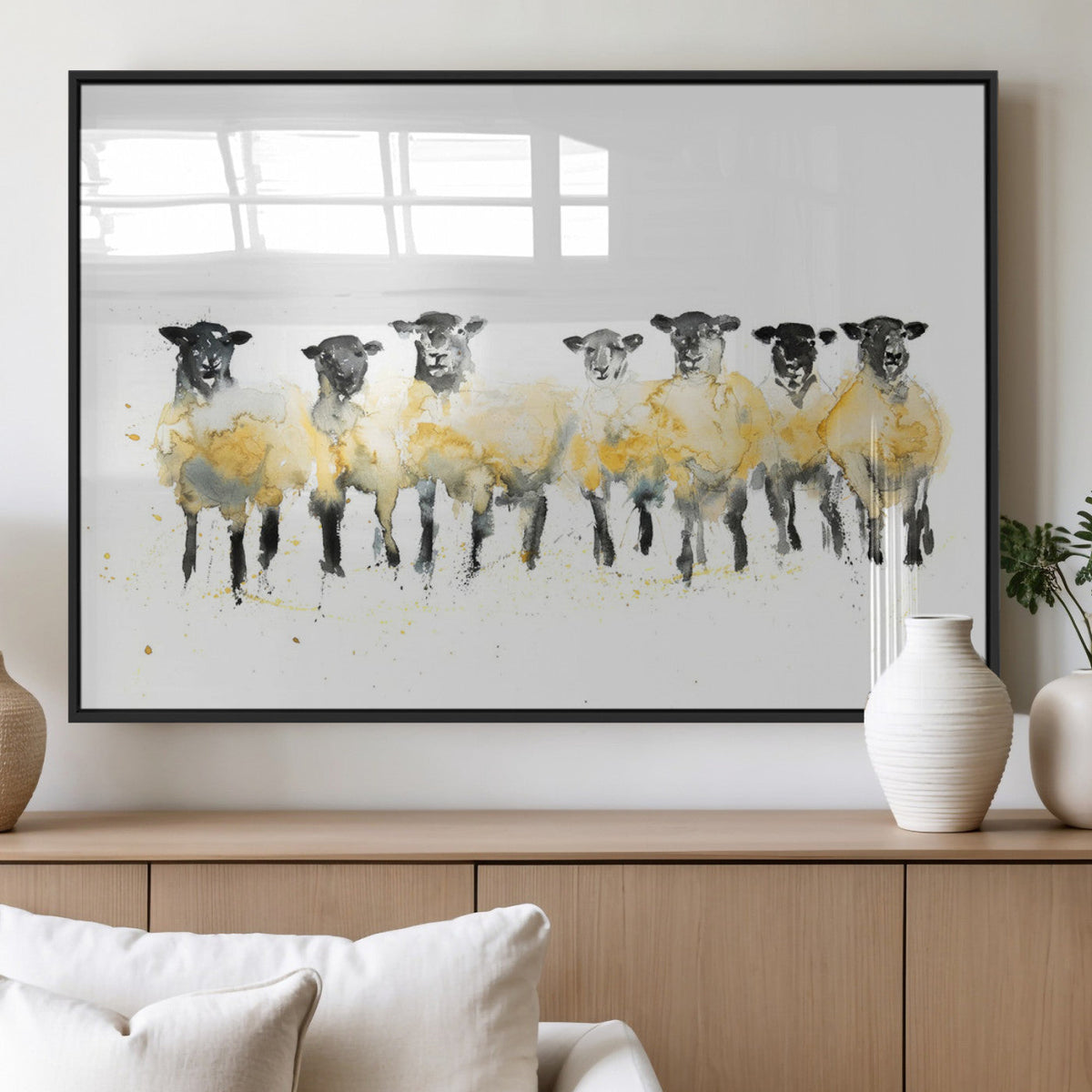 Farmhouse Wall Art Sheep Print | Ready to Hang Framed Canvas