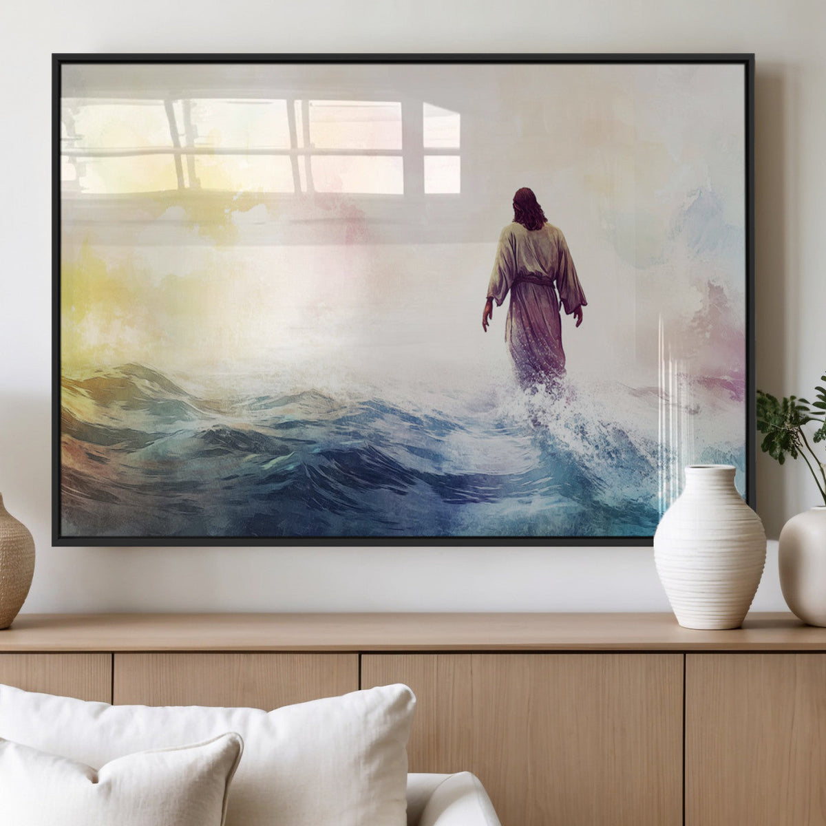 Watercolor Jesus Walking on Water Canvas Print, Christian