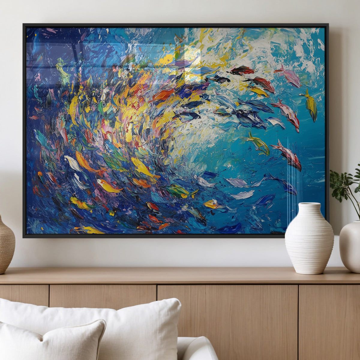 Colorful Swirling Fish School Wall Art Canvas Print |