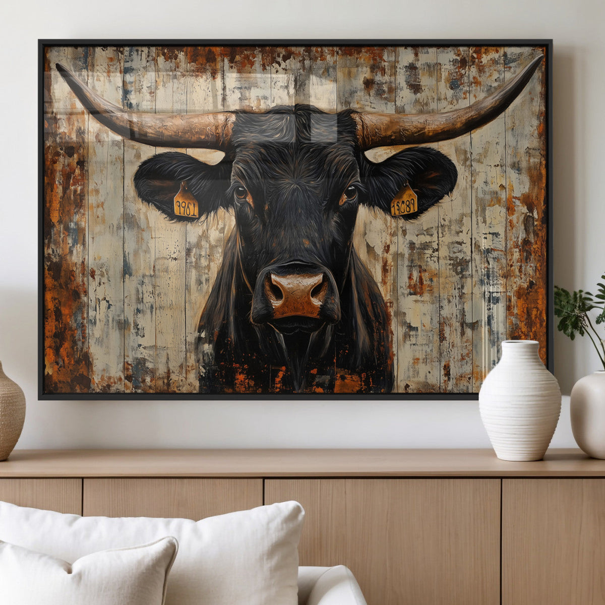 Rustic Texas Artwork Wall Art Canvas Print - Abstract Cow