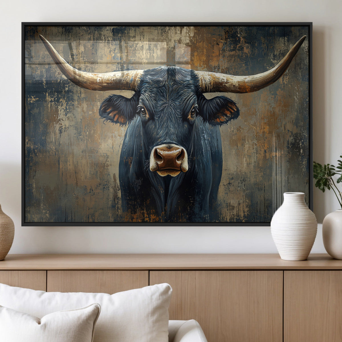 Texas Western Wall Art Canvas Print - Abstract Cow Longhorn