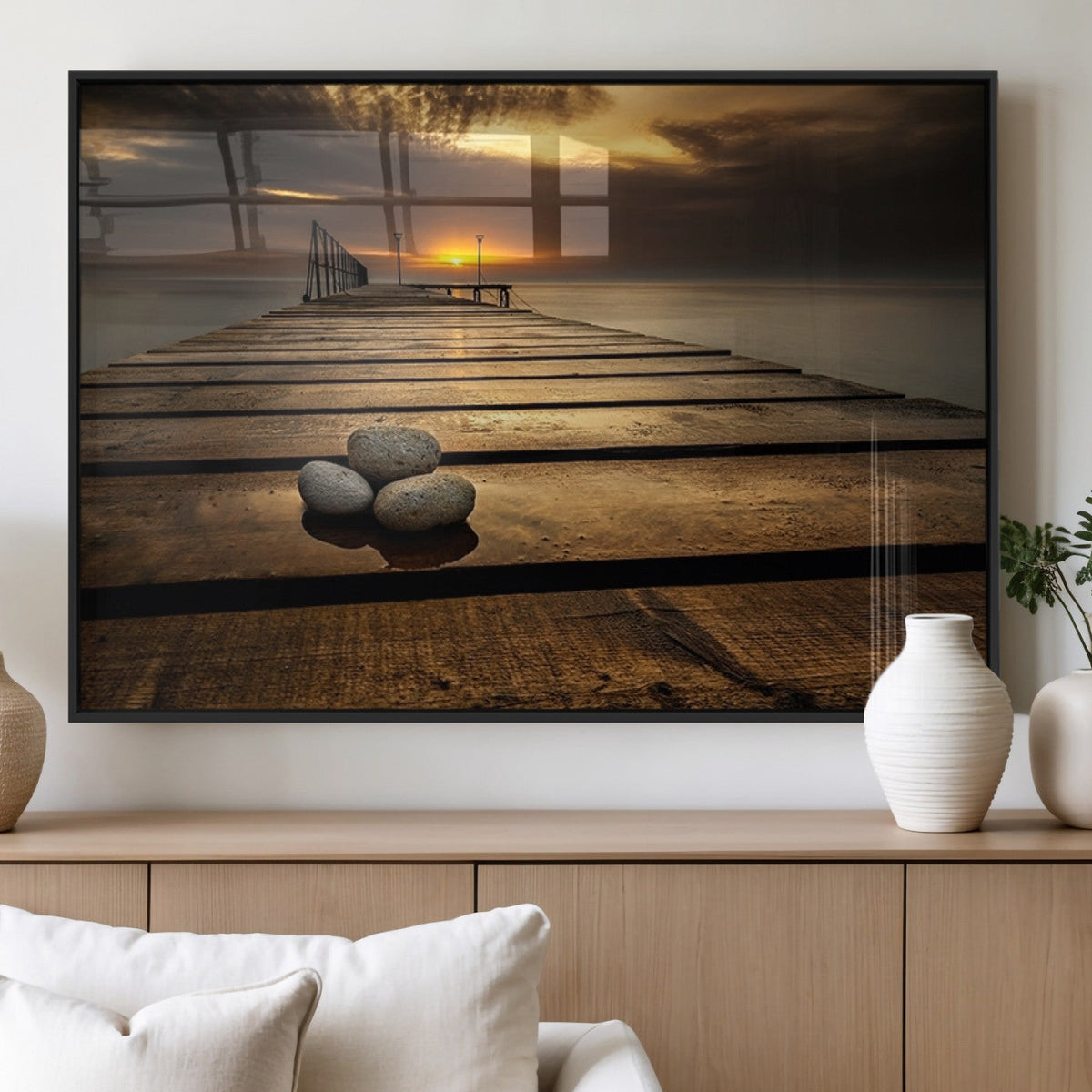 Stones on Wooden Pier at Sunset Canvas Print, Serene Coastal