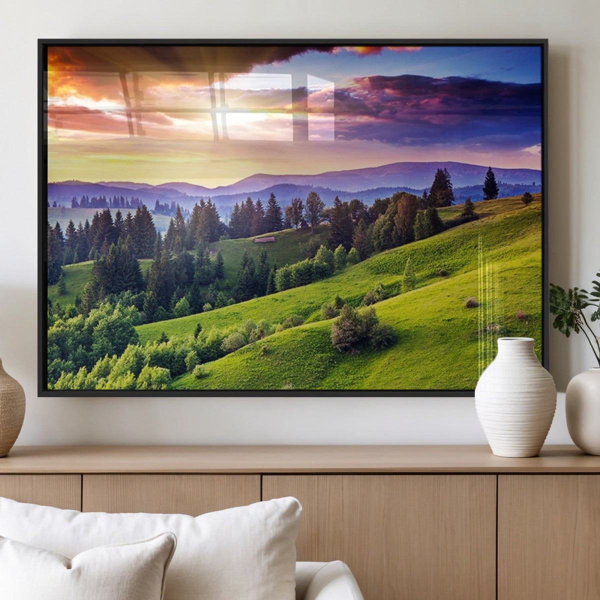 Green Hills and Sunset Wall Art Print - Scenic Landscape