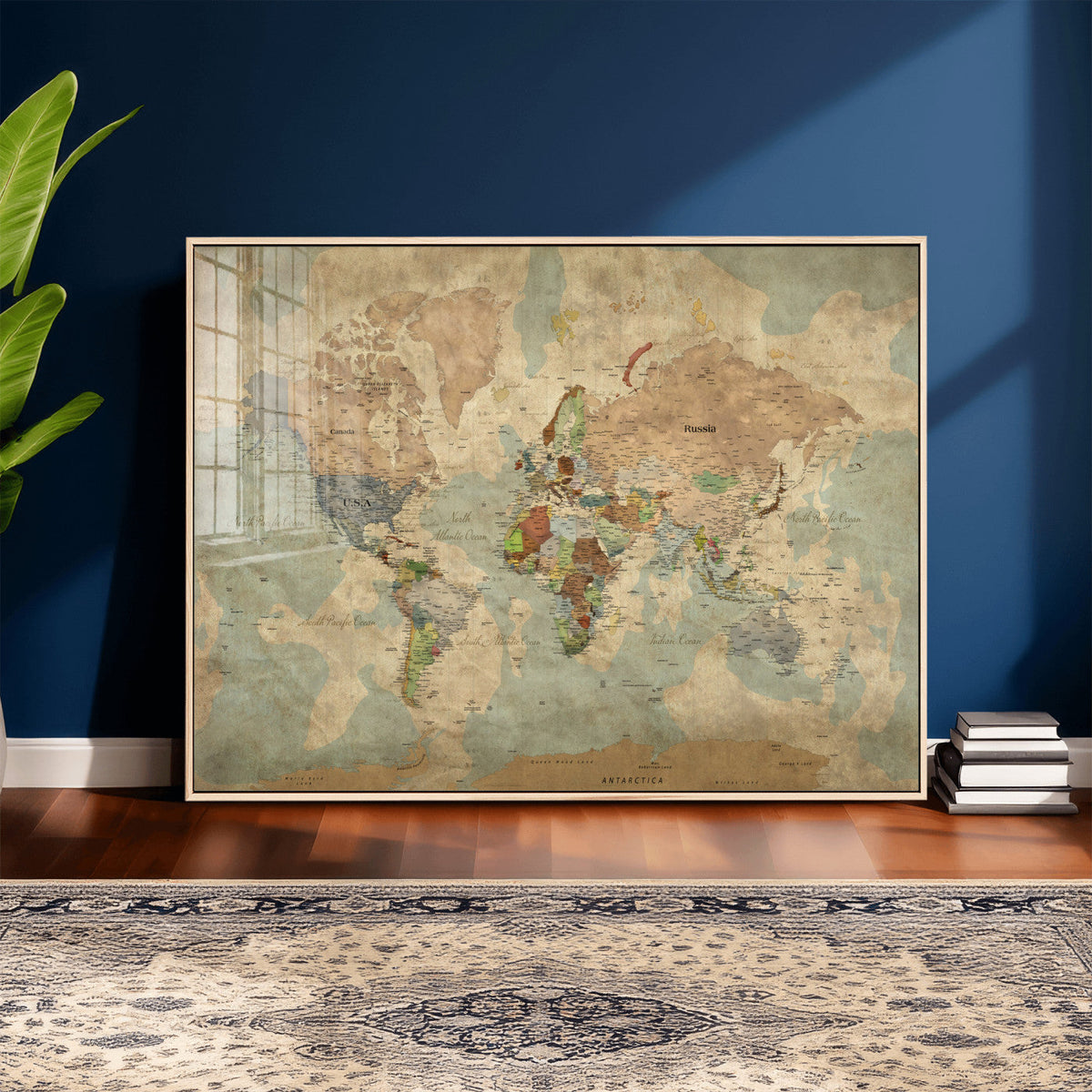 World Map Wall Art Canvas Print, Rustic Map Print, Framed