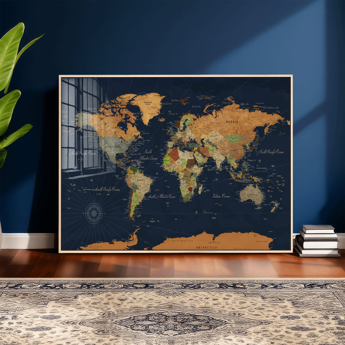 Modern World Map Canvas Print – Framed Detailed Map of the