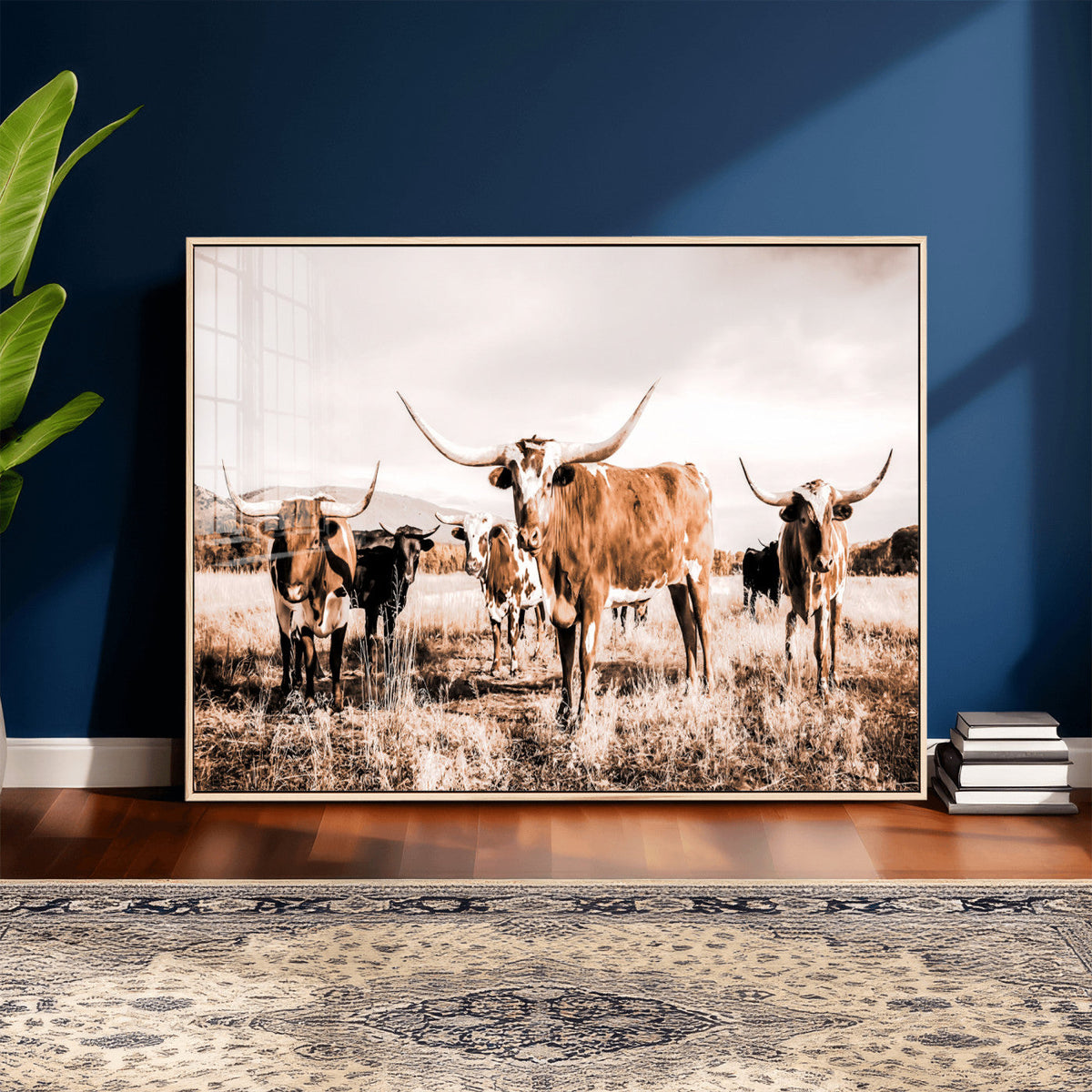 Texas Longhorn Cattle Wall Art Canvas Print, Sepia Western